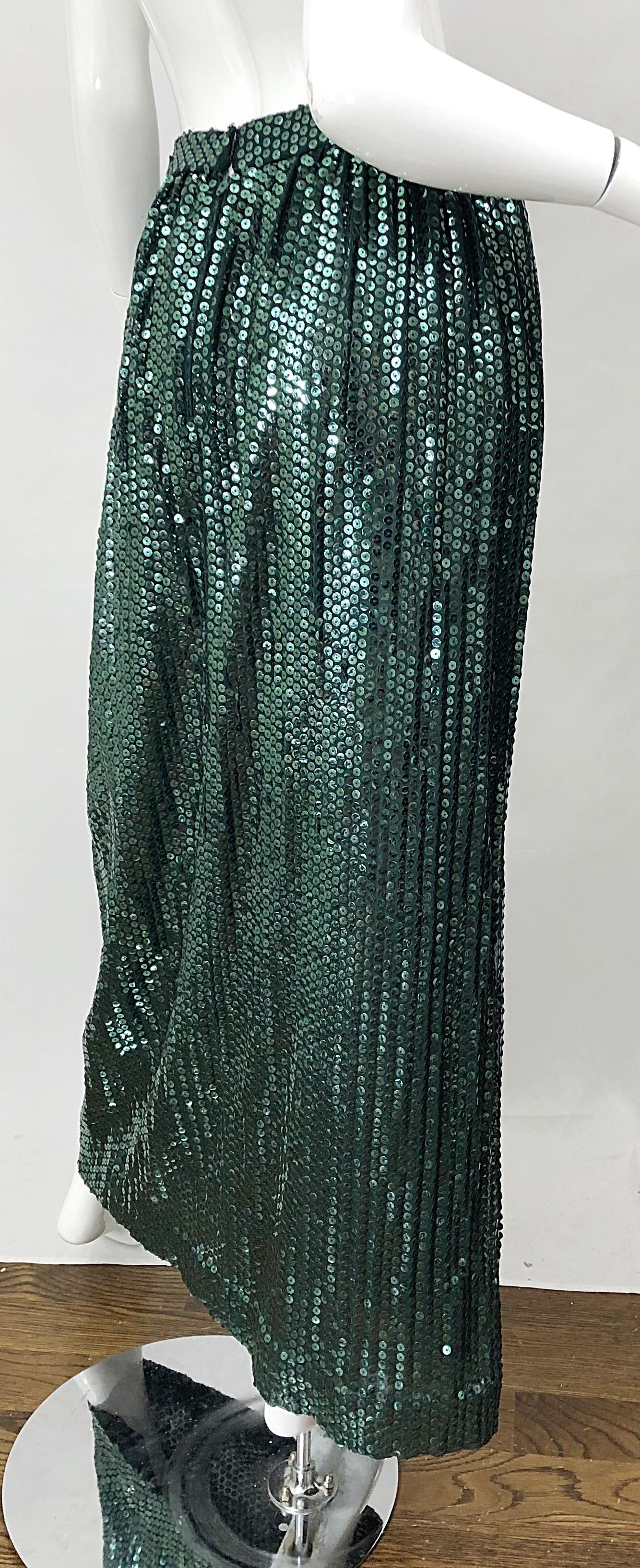 1970s Oscar de la Renta Hunter Green Silk Chiffon Sequin Vintage 70s Maxi Skirt For Sale 1