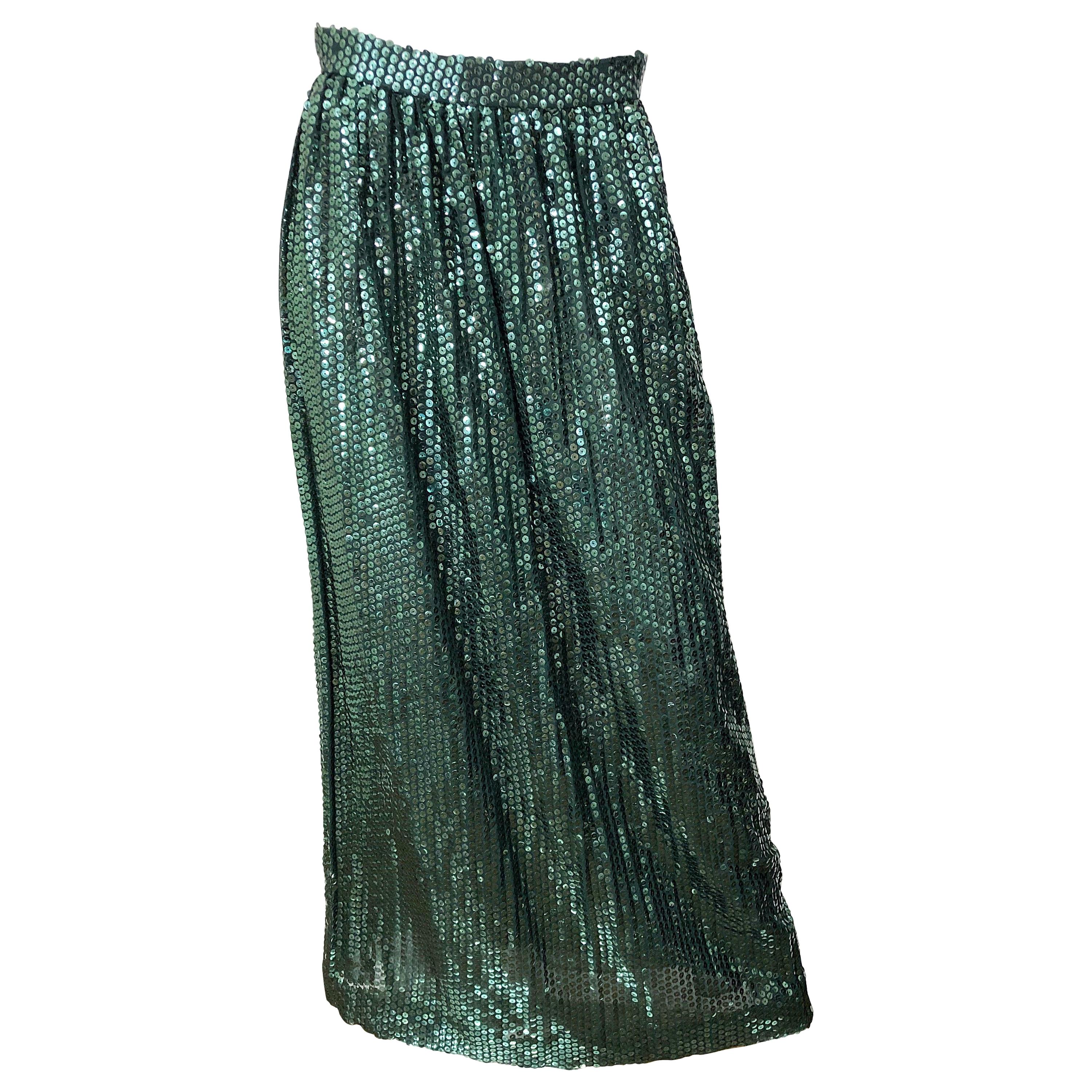 1970s Oscar de la Renta Hunter Green Silk Chiffon Sequin Vintage 70s Maxi  Skirt For Sale at 1stDibs