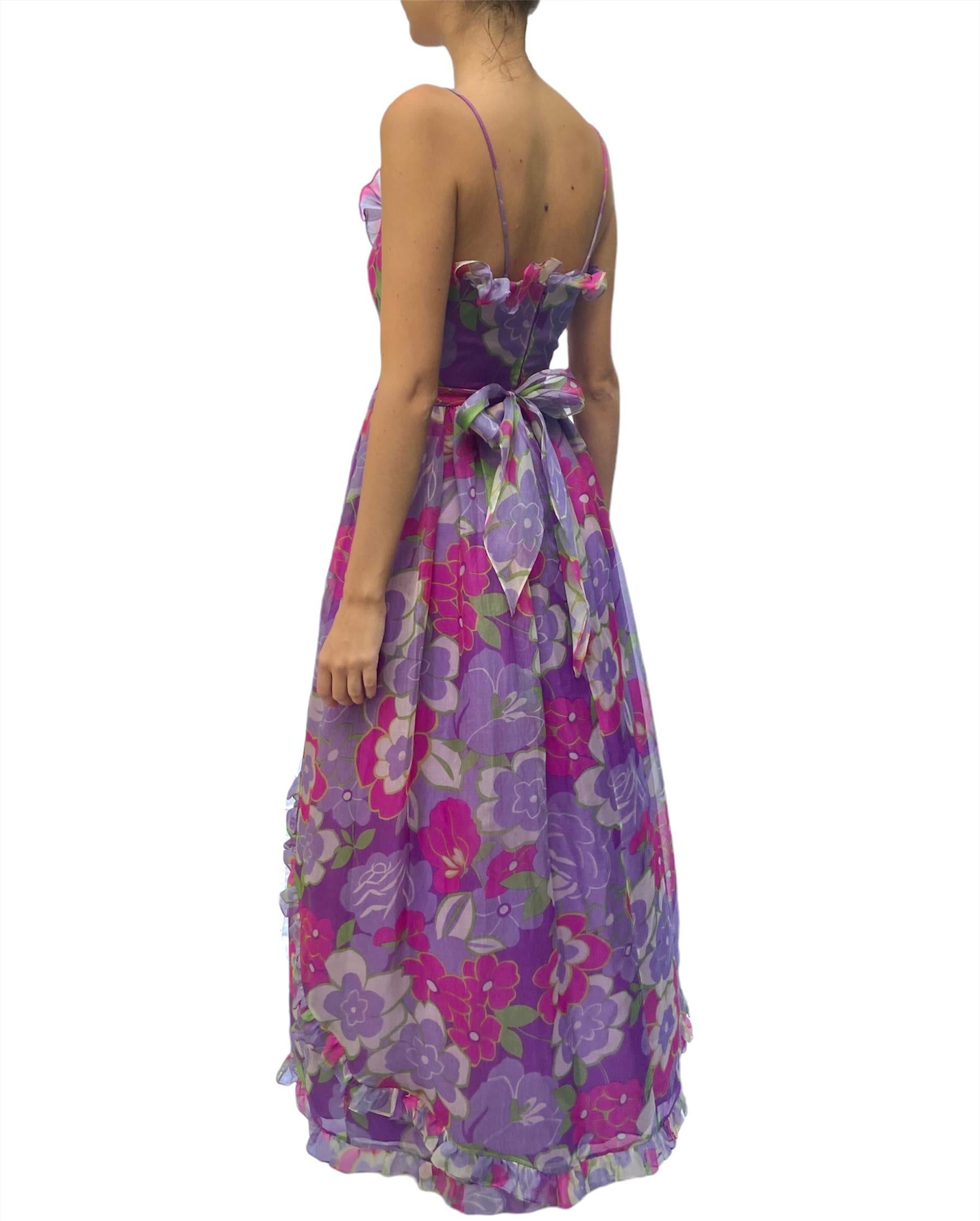 Purple 1970S OSCAR DE LA RENTA Lilac Floral Silk Organza Vogue Documented Gown For Sale