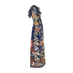 1970s Oscar De La Renta Navy Floral Organza and Gold Lurex Maxi Dress