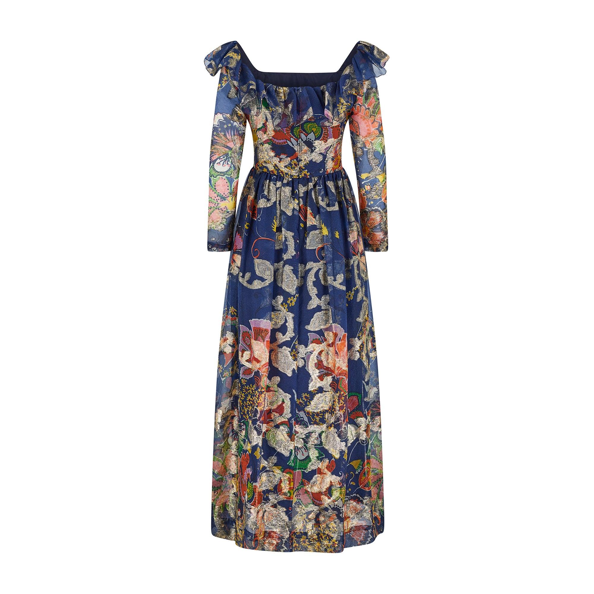 Noir 1970s Oscar De La Renta Navy Floral Organza and Gold Lurex Maxi Dress en vente