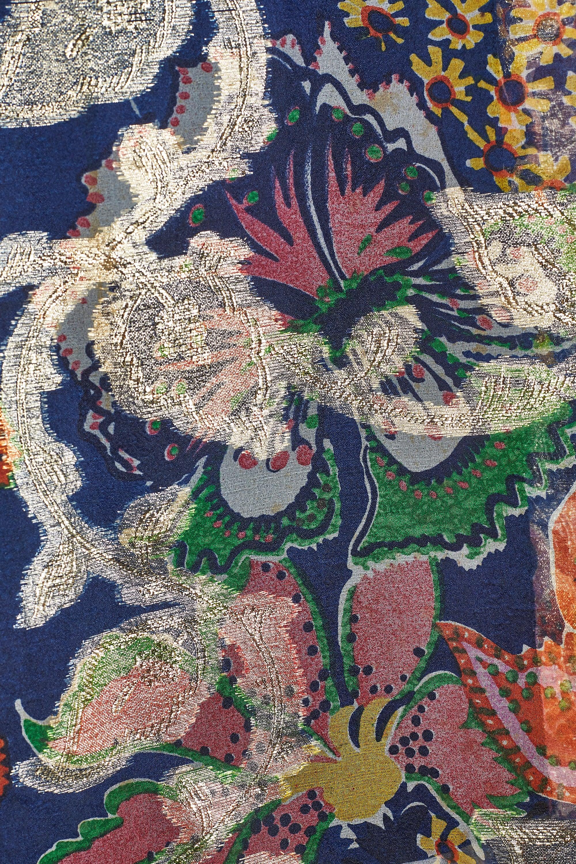 1970s Oscar De La Renta Navy Floral Organza and Gold Lurex Maxi Dress Excellent état - En vente à London, GB