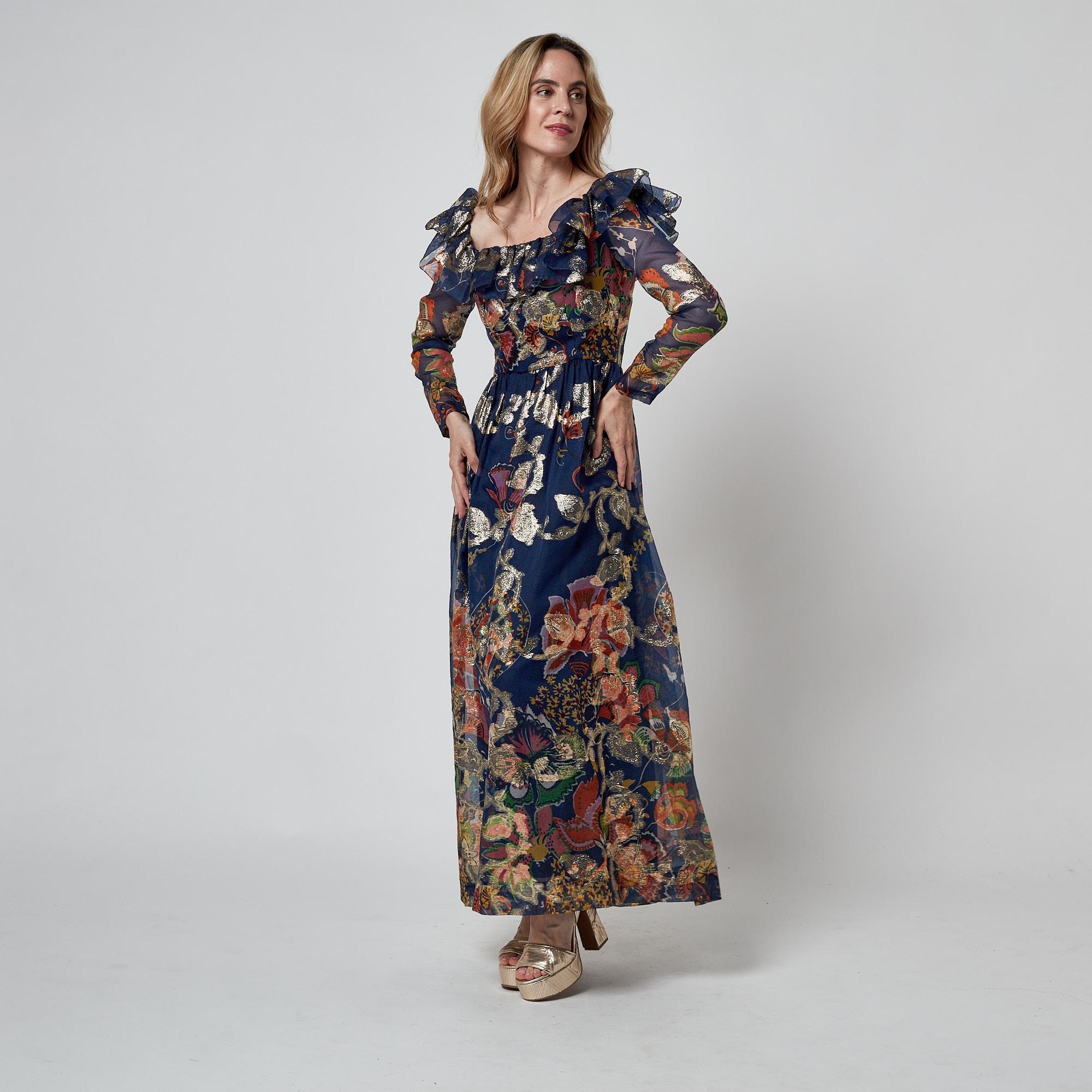 Oscar De La Renta 1970 - Maxi abito in organza floreale marina e lurex dorato in vendita 2