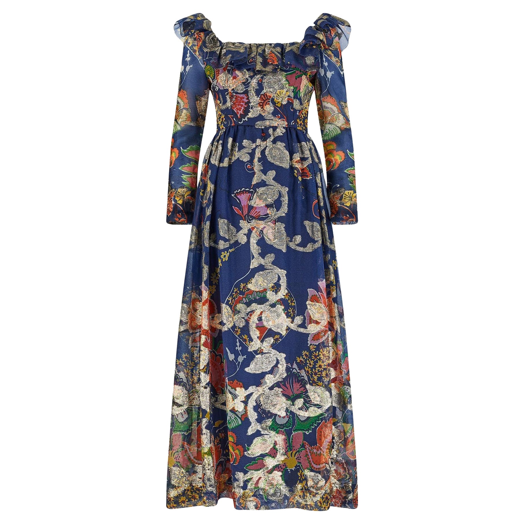 1970s Oscar De La Renta Navy Floral Organza and Gold Lurex Maxi Dress