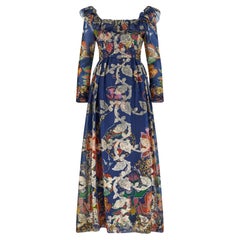 1970s Oscar De La Renta Navy Floral Organza and Gold Lurex Maxi Dress