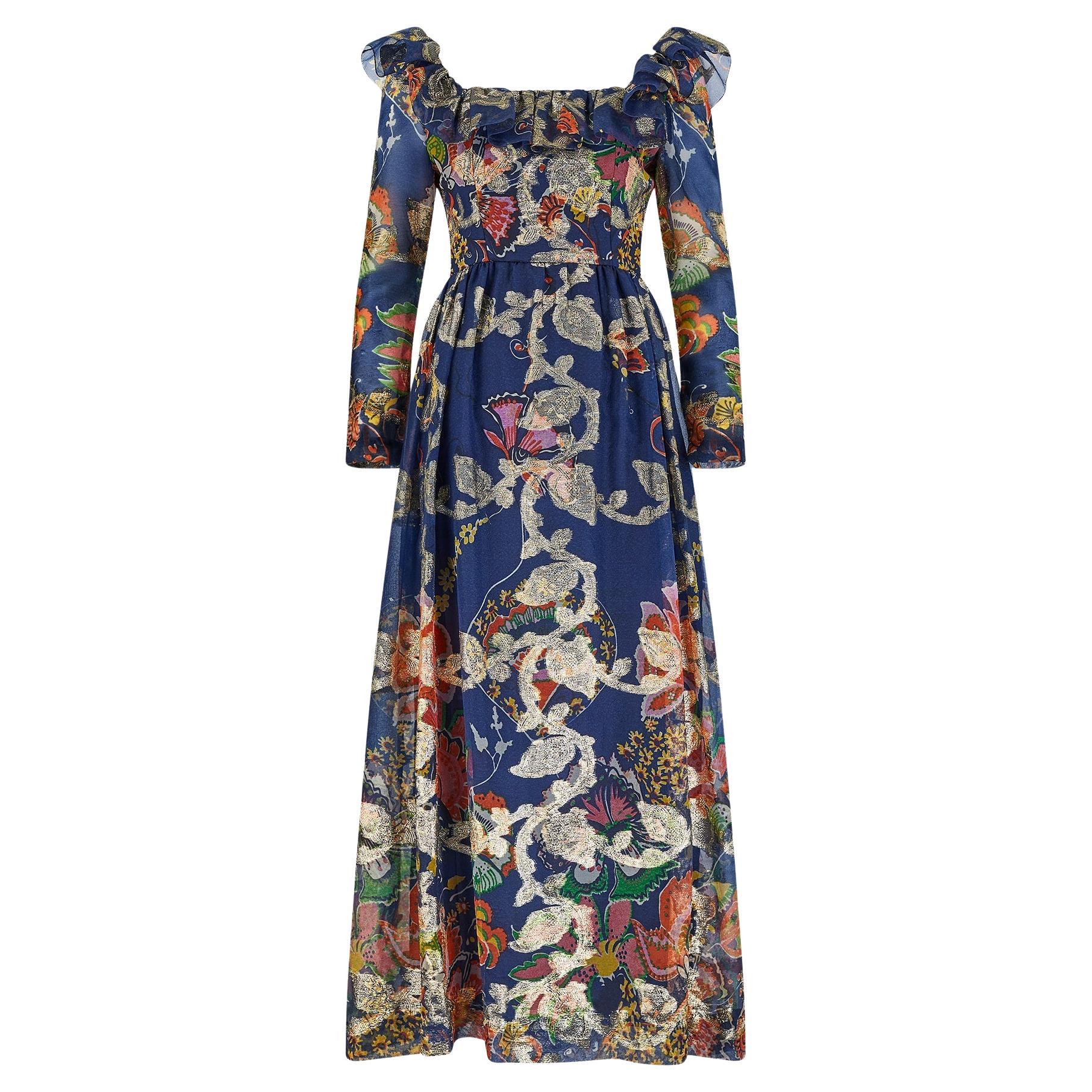 1970s Oscar De La Renta Navy Floral Organza and Gold Lurex Maxi Dress en vente