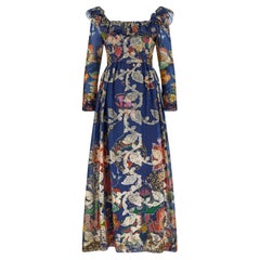 1970s Oscar De La Renta Navy Floral Organza and Gold Lurex Maxi Dress