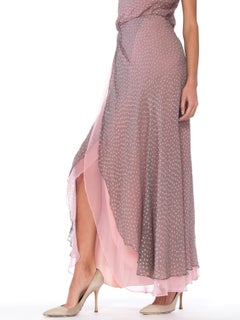 1970S Dove Grey & Pink Silk Chiffon Spaghetti Strap Cowl Neck Evening Gown
