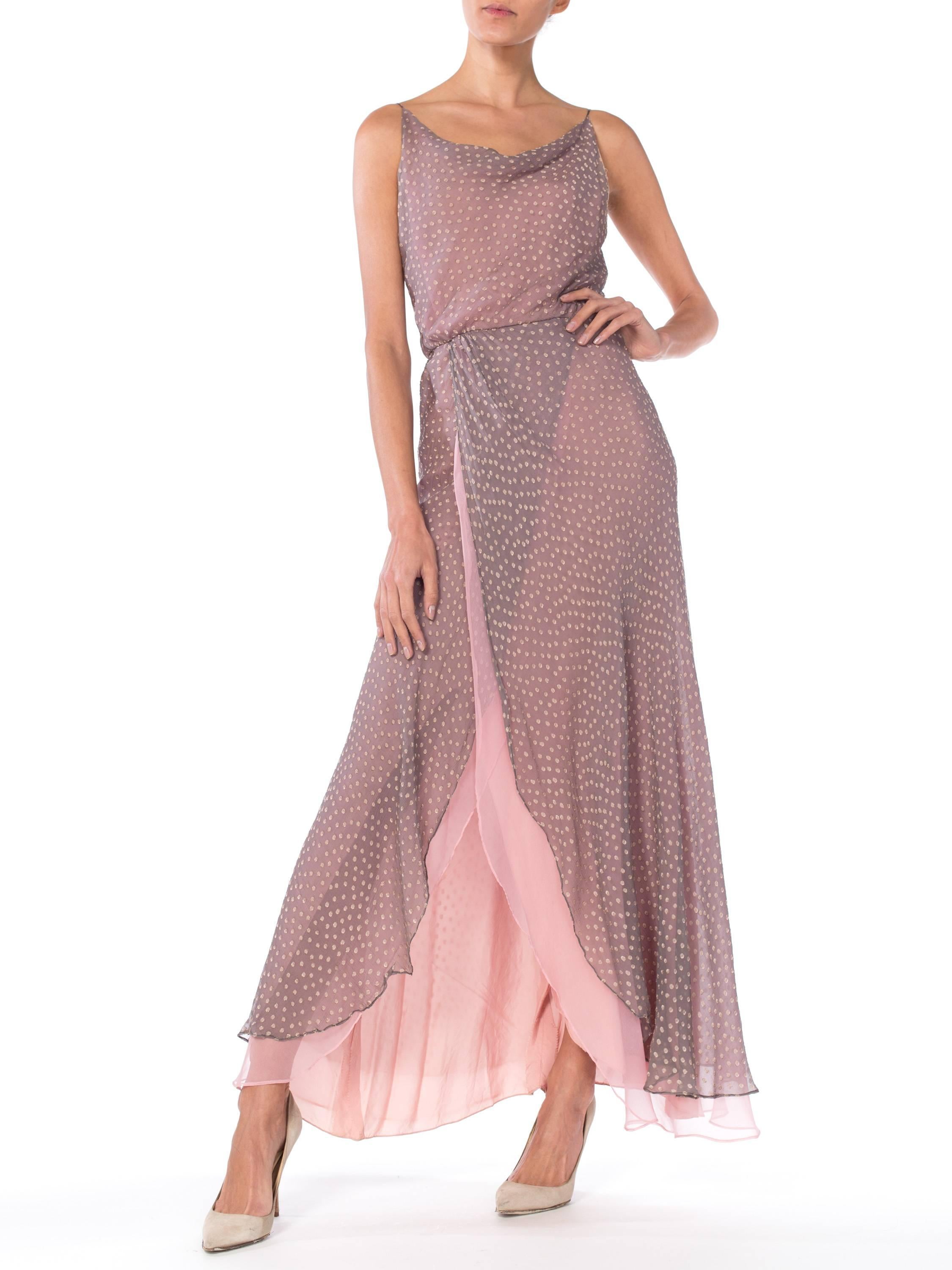 1970S Dove Grey & Pink Silk Chiffon Spaghetti Strap Cowl Neck Evening Gown In Excellent Condition In New York, NY