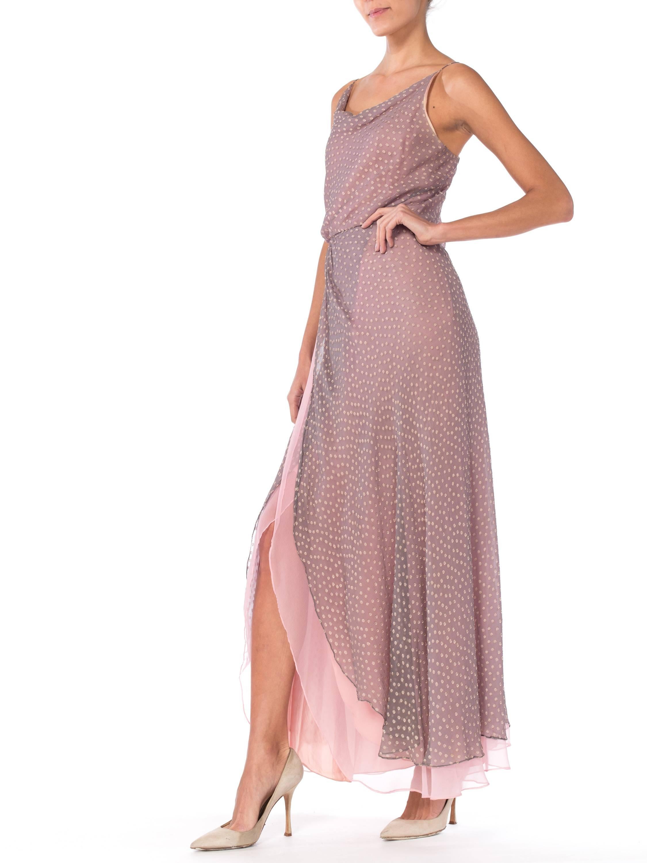 1970S Dove Grey & Pink Silk Chiffon Spaghetti Strap Cowl Neck Evening Gown 2