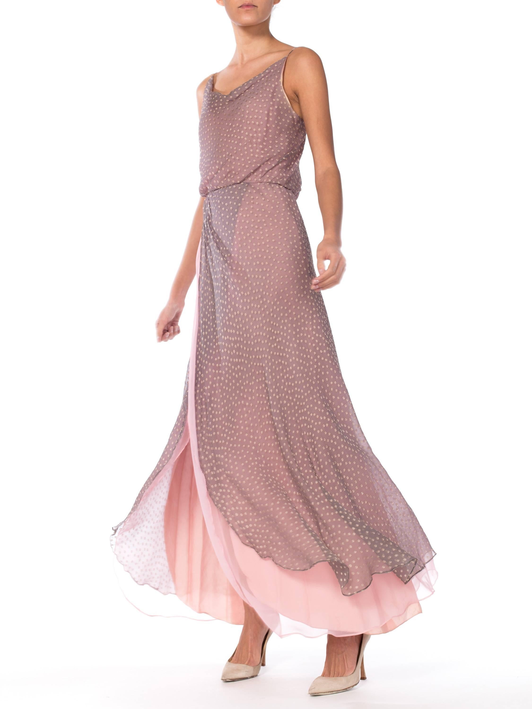 1970S Dove Grey & Pink Silk Chiffon Spaghetti Strap Cowl Neck Evening Gown 3