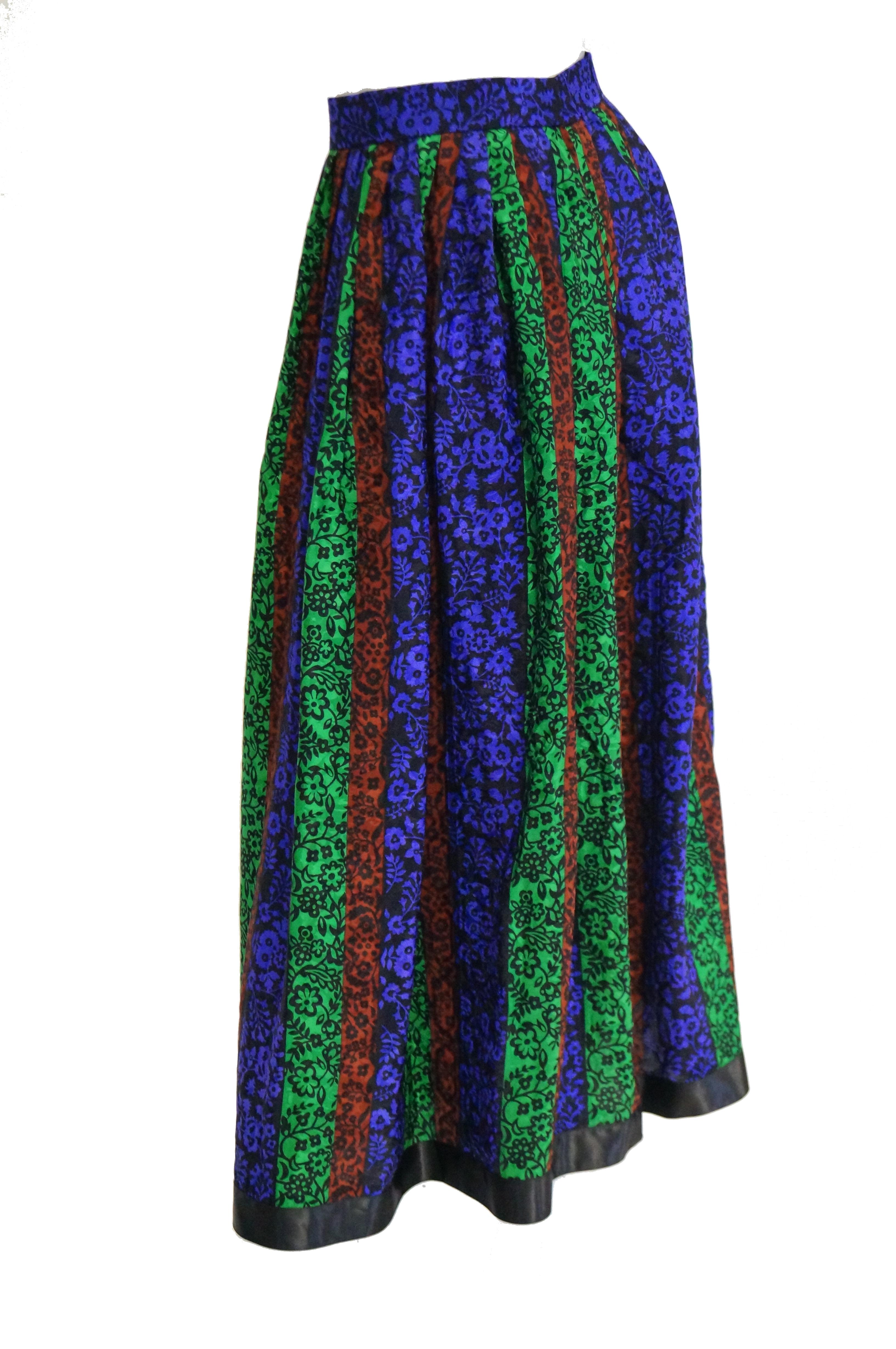 Purple 1970s Oscar de la Renta Silk Maxi Skirt in Blue, Green, Red Floral For Sale