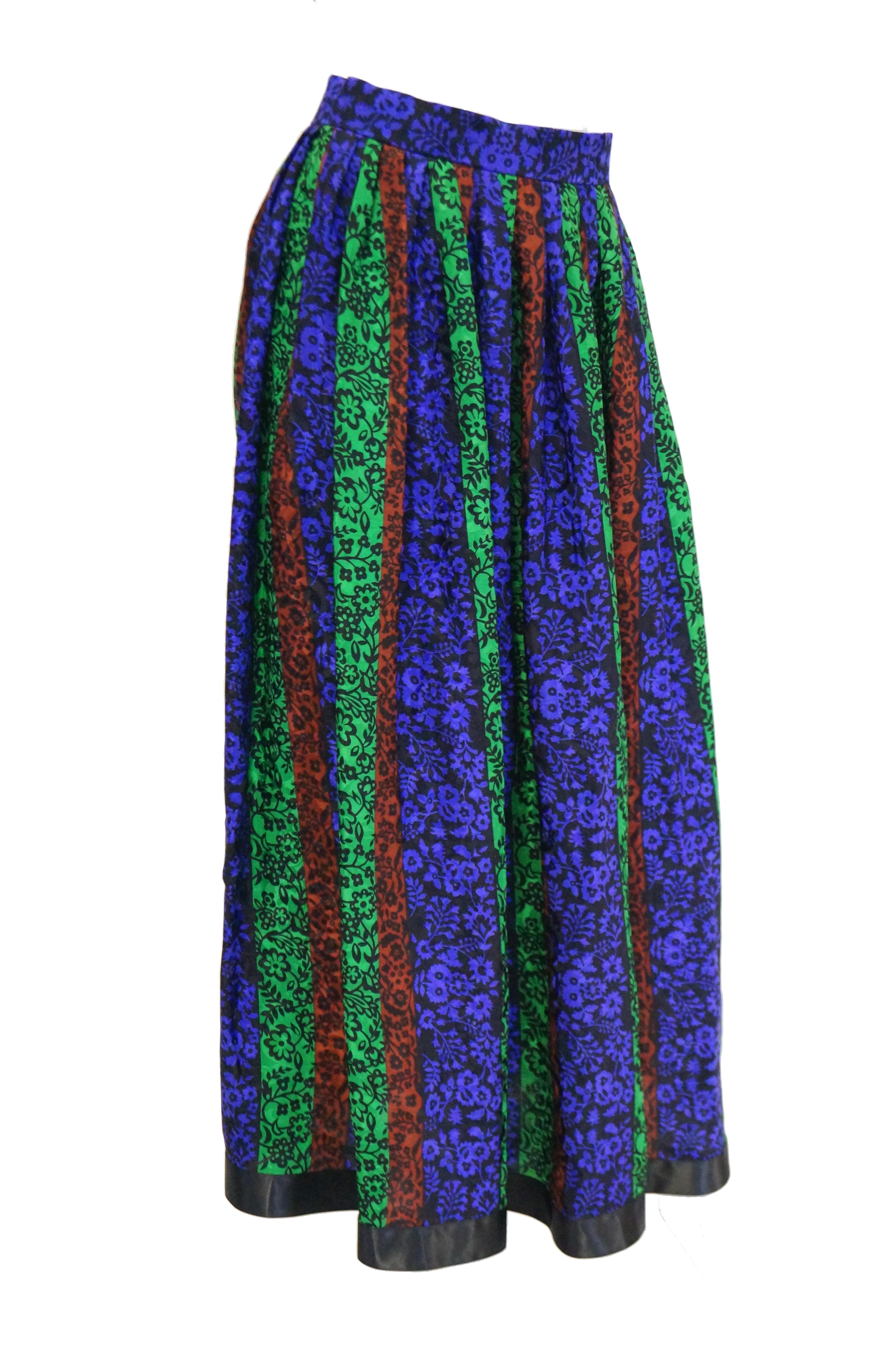 Women's 1970s Oscar de la Renta Silk Maxi Skirt in Blue, Green, Red Floral For Sale