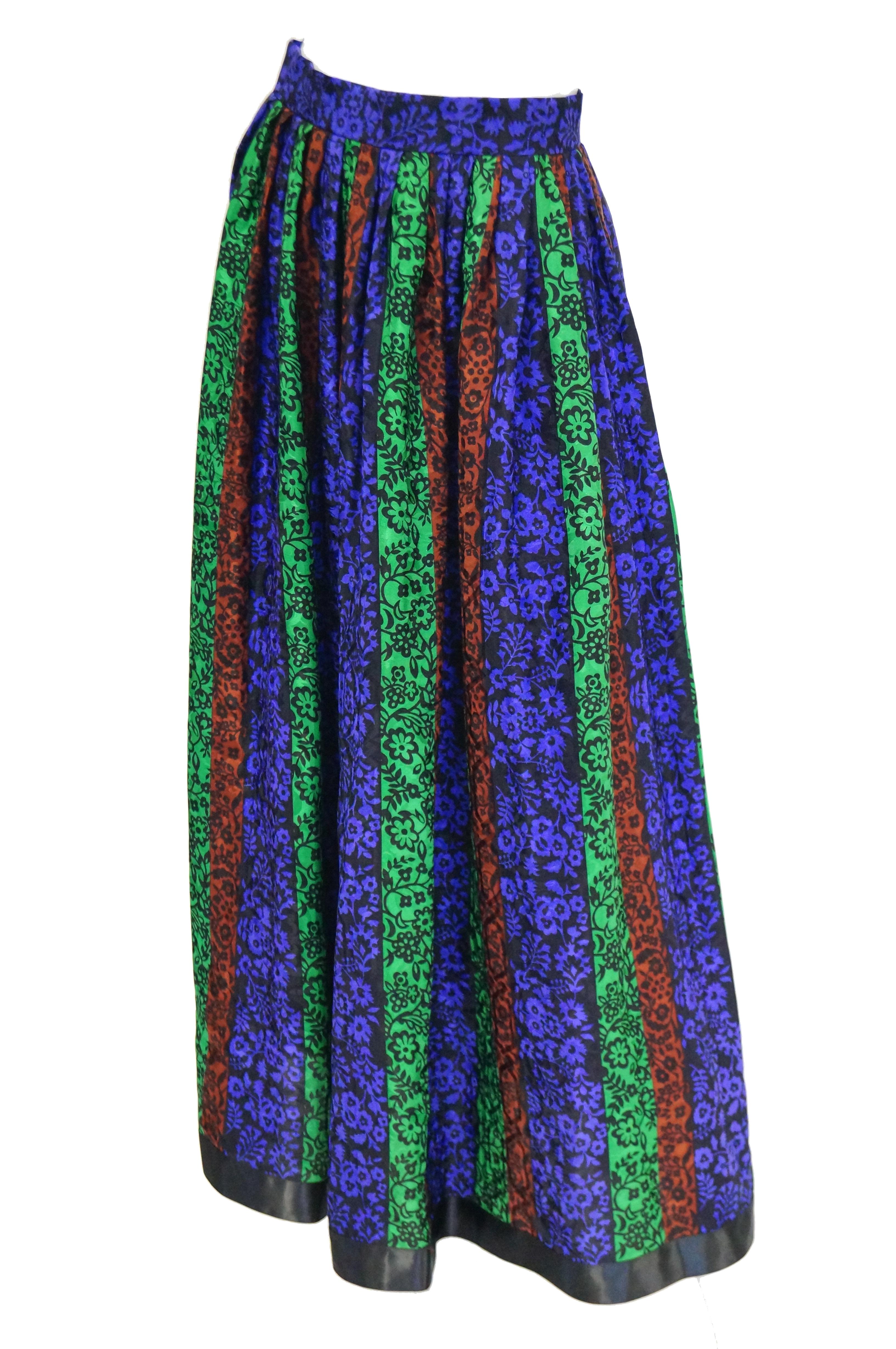 1970s Oscar de la Renta Silk Maxi Skirt in Blue, Green, Red Floral For Sale 1
