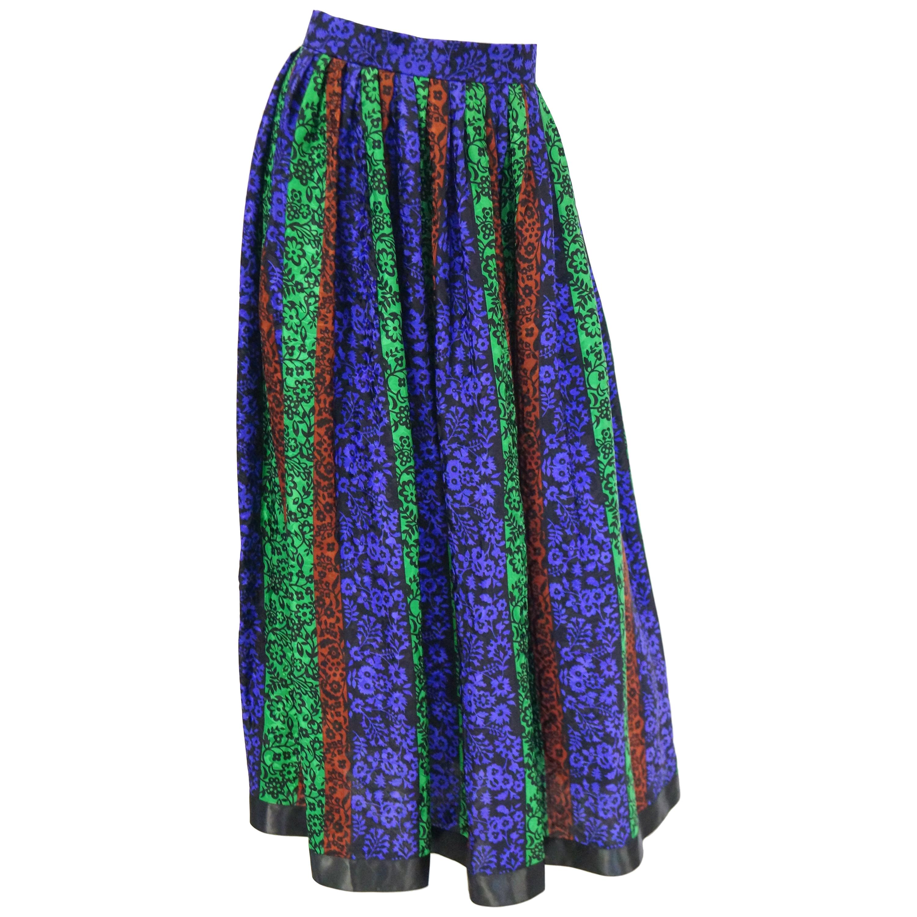 1970s Oscar de la Renta Silk Maxi Skirt in Blue, Green, Red Floral For Sale