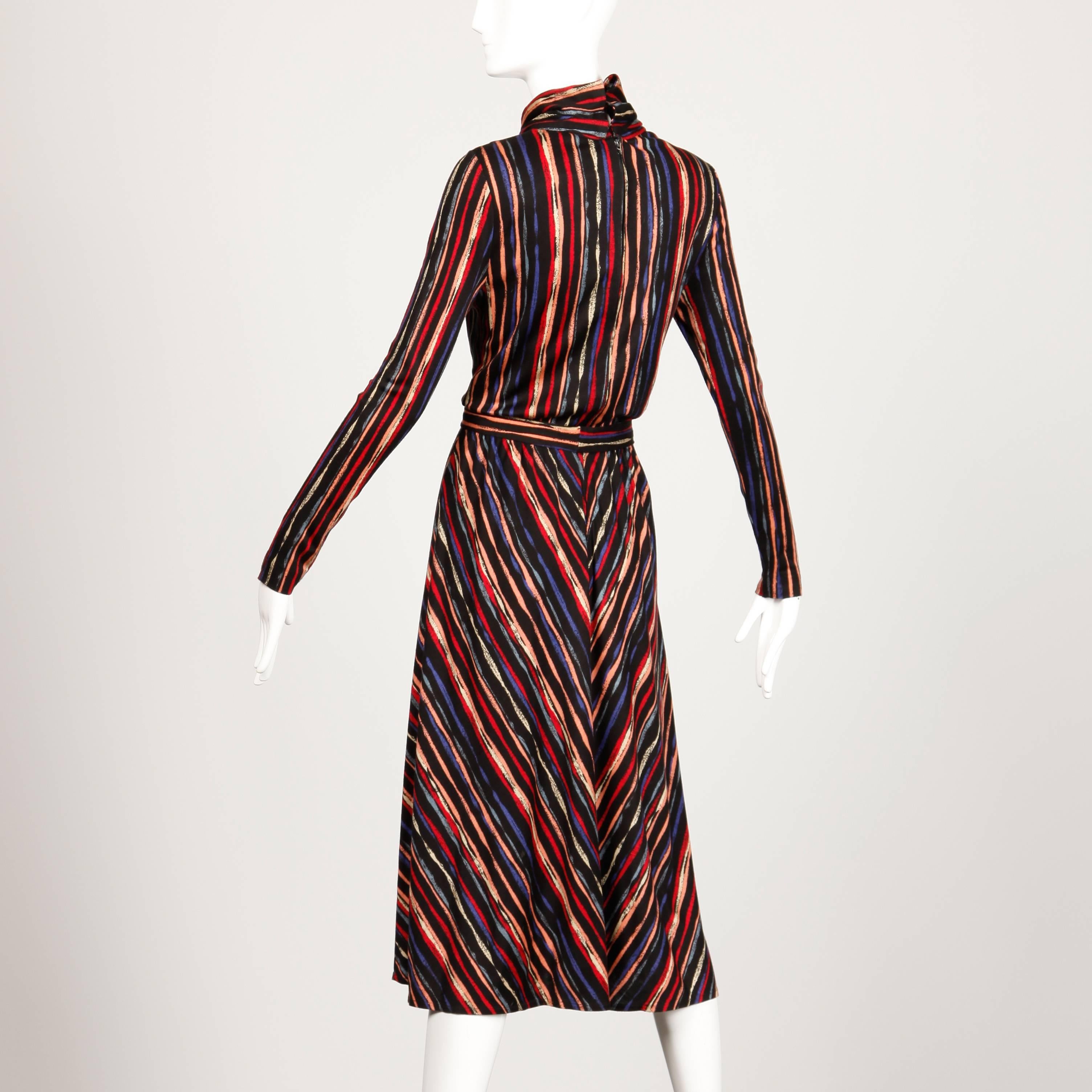 Black 1970s Oscar de la Renta Vintage Jersey Knit Midi Dress with Matching Sash Belt For Sale