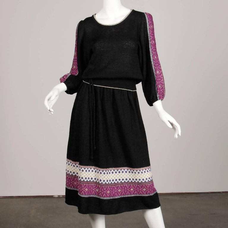 Black 1970s Oscar de la Renta Vintage Knit Sweater Top, Skirt + Belt Dress Ensemble  For Sale
