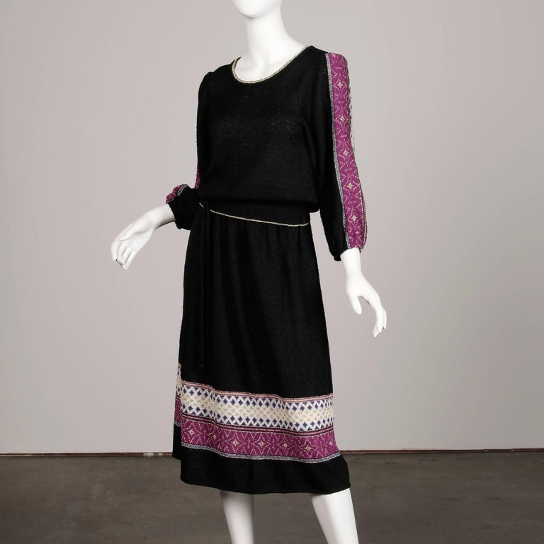 Women's 1970s Oscar de la Renta Vintage Knit Sweater Top, Skirt + Belt Dress Ensemble  For Sale