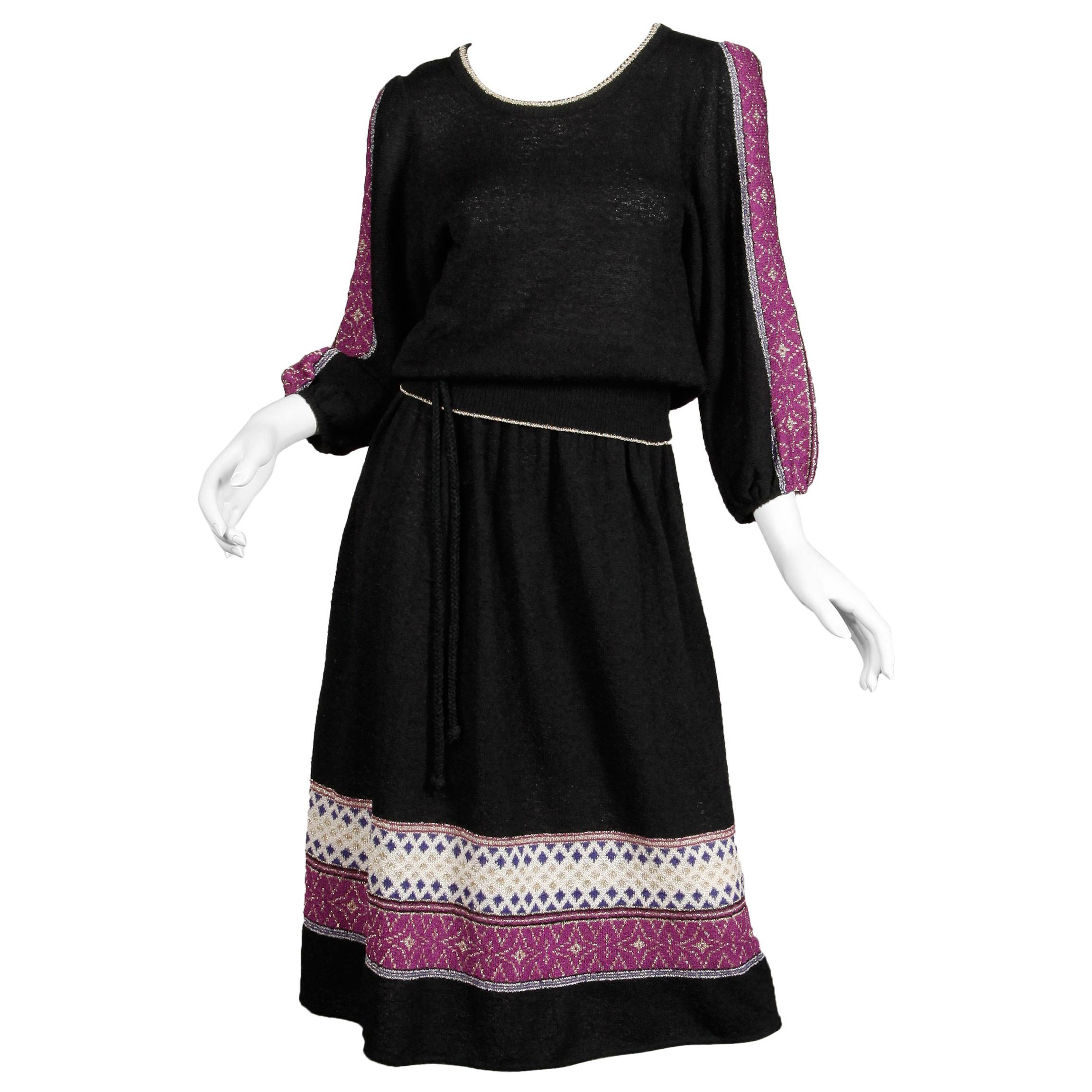 1970s Oscar De La Renta Vintage Knit Sweater Top, Skirt + Belt Dress Ensemble