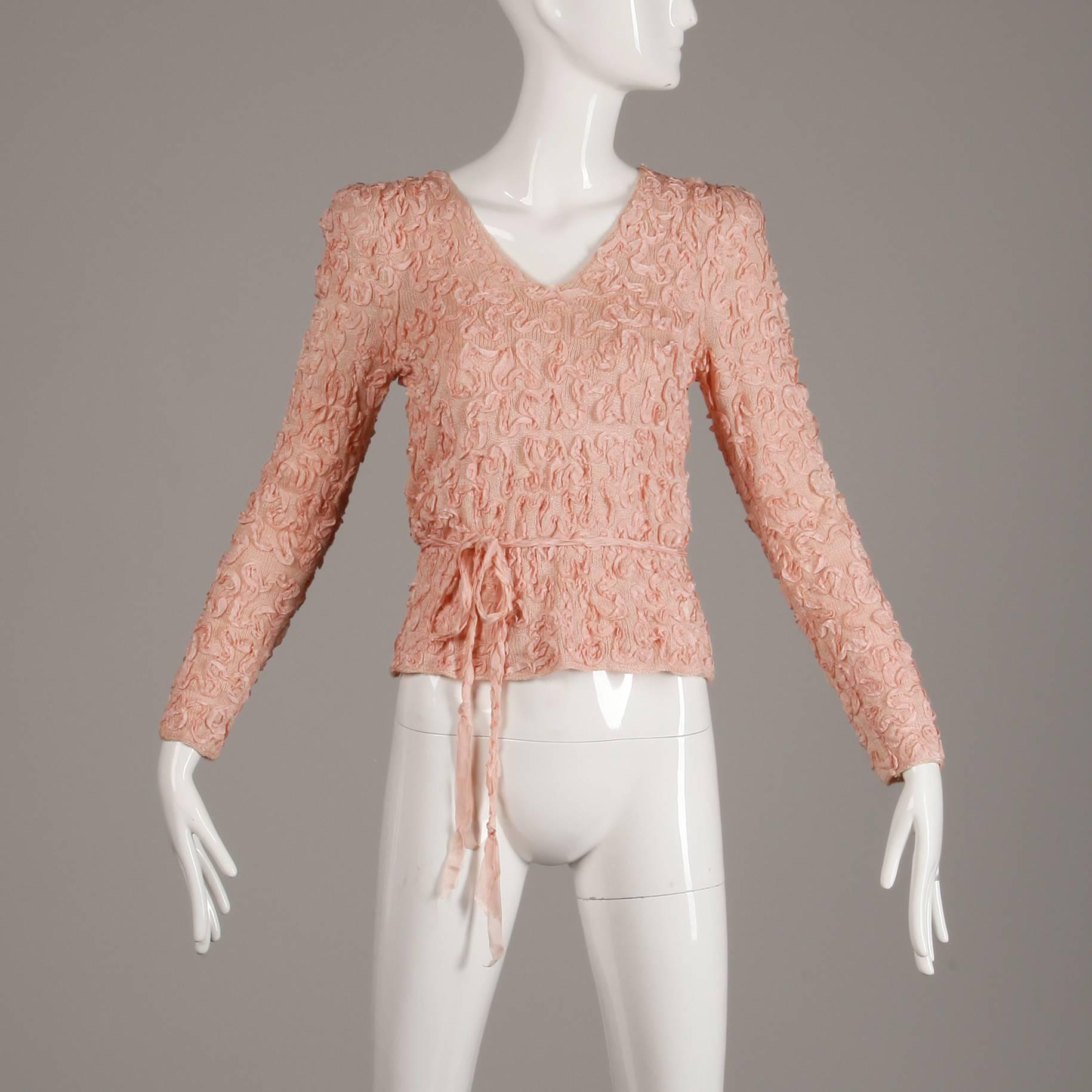 Brown 1970s Oscar de la Renta Vintage Pale Blush Pink Knit Soutache Sweater Top/ Shirt