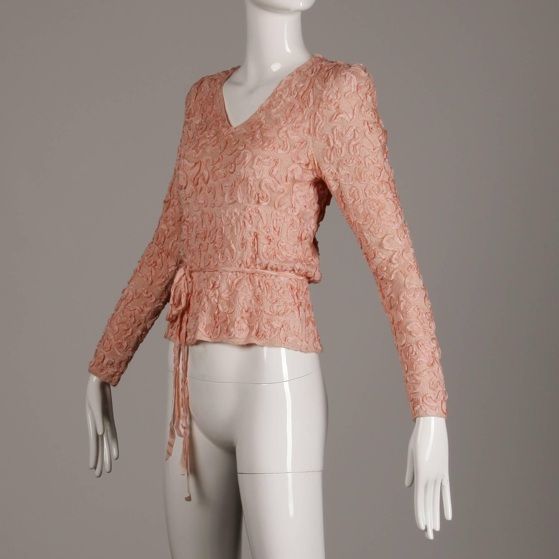 1970s Oscar de la Renta Vintage Pale Blush Pink Knit Soutache Sweater Top/ Shirt In Excellent Condition In Sparks, NV