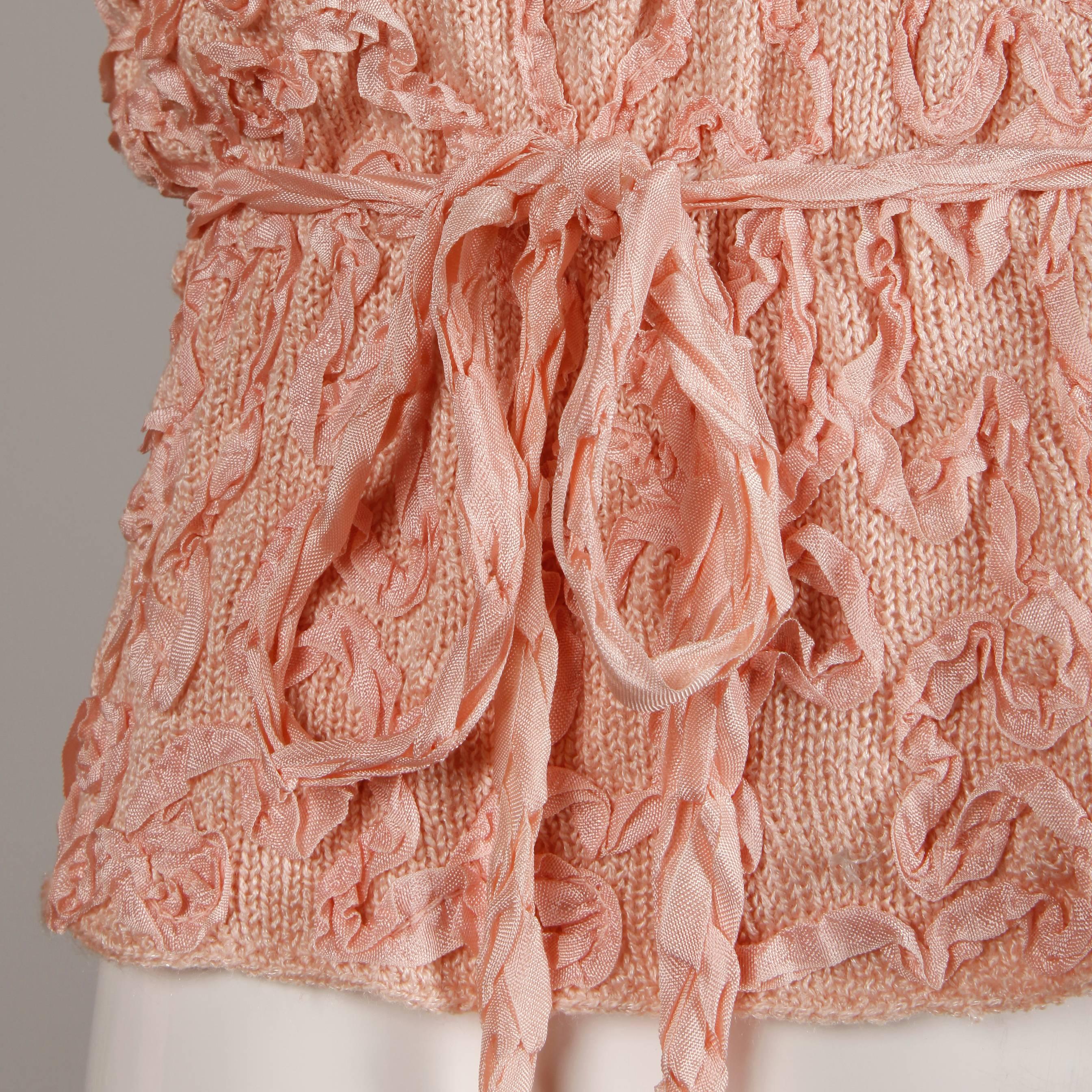 Women's 1970s Oscar de la Renta Vintage Pale Blush Pink Knit Soutache Sweater Top/ Shirt