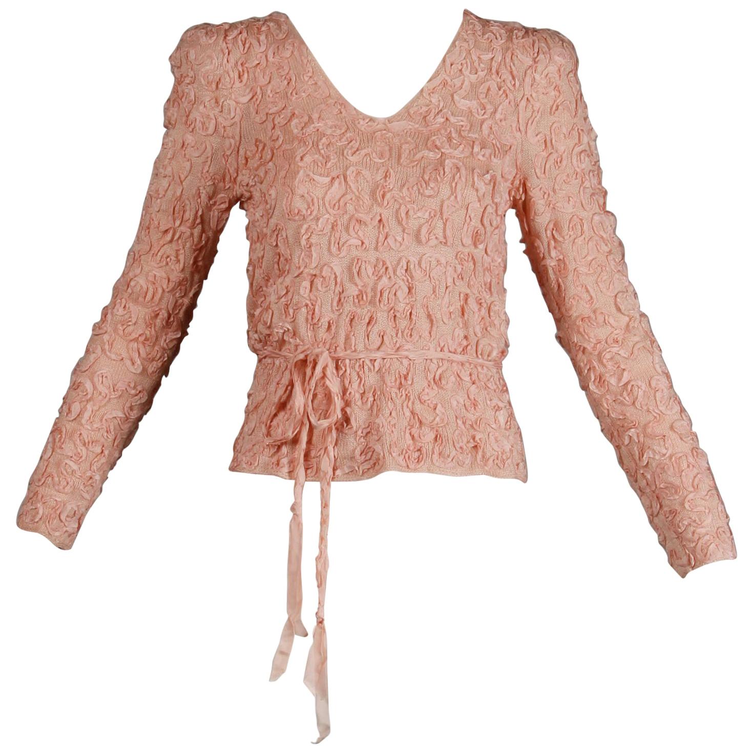 1970s Oscar de la Renta Vintage Pale Blush Pink Knit Soutache Sweater Top/ Shirt
