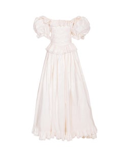 1970's Oscar de la Renta White Off-Shoulder Silk Ruffle Gown with Long Train