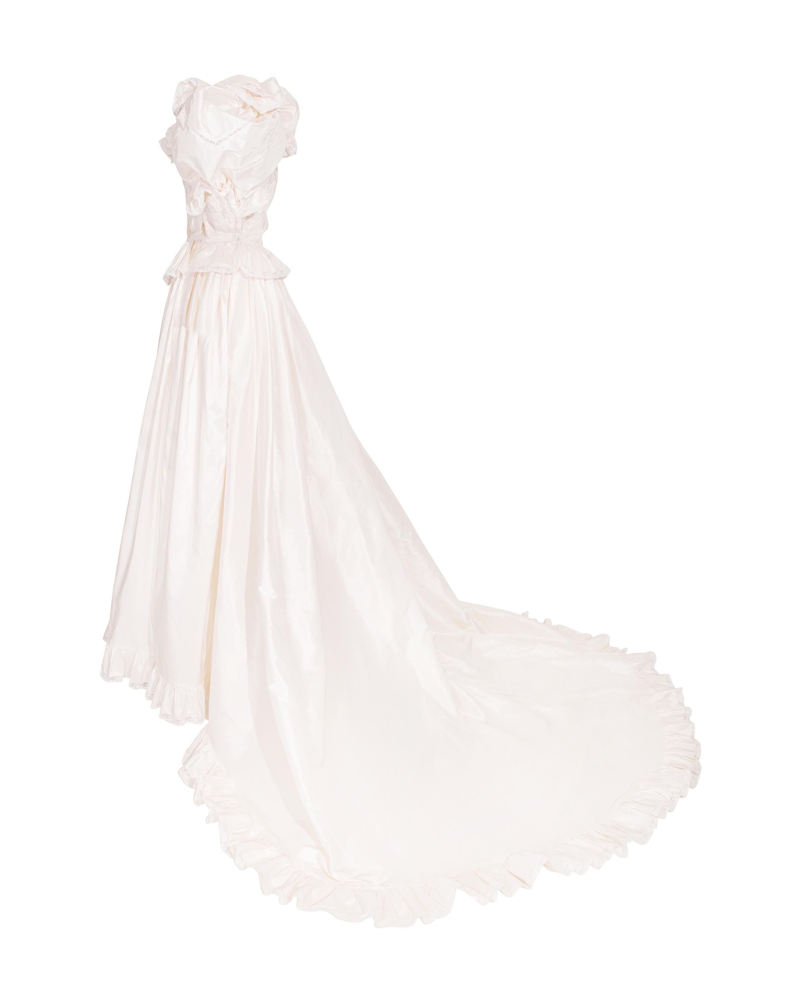 Women's 1970's Oscar de la Renta White Off-Shoulder Silk Ruffle Gown with Long Train