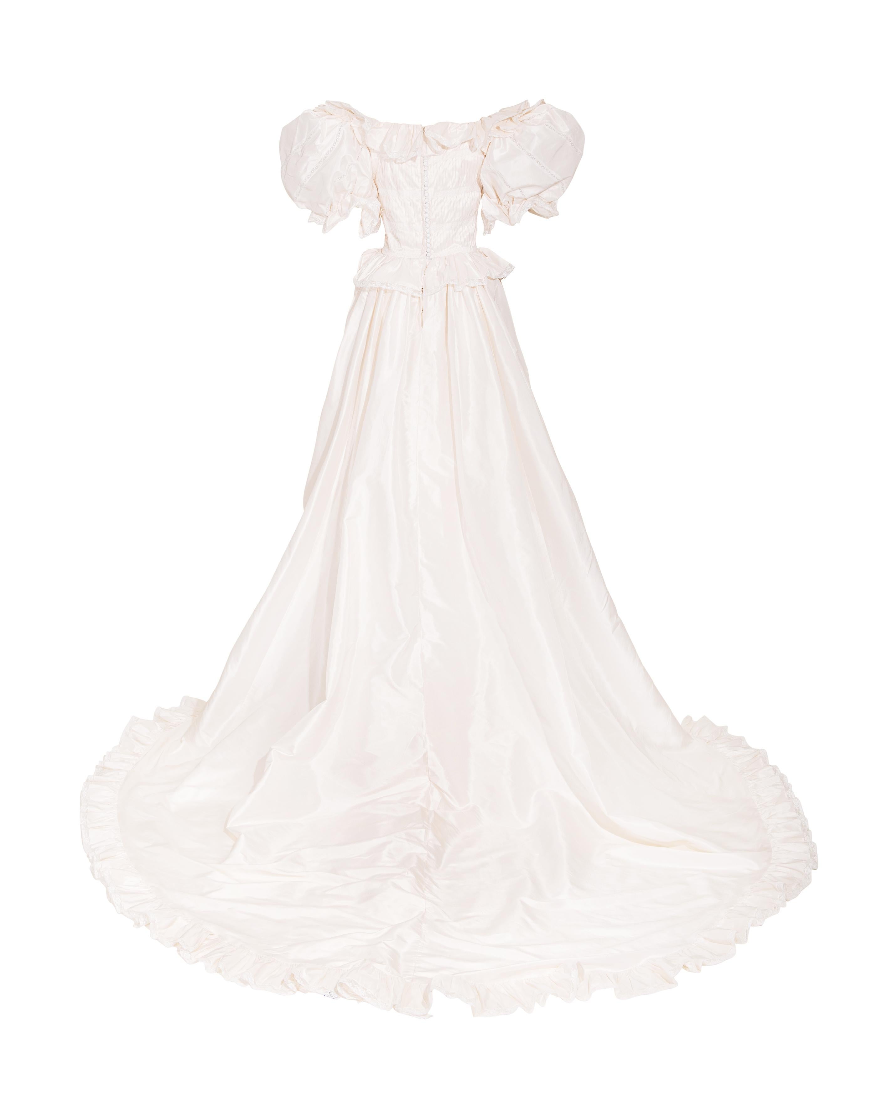 1970's Oscar de la Renta White Off-Shoulder Silk Ruffle Gown with Long Train For Sale 1