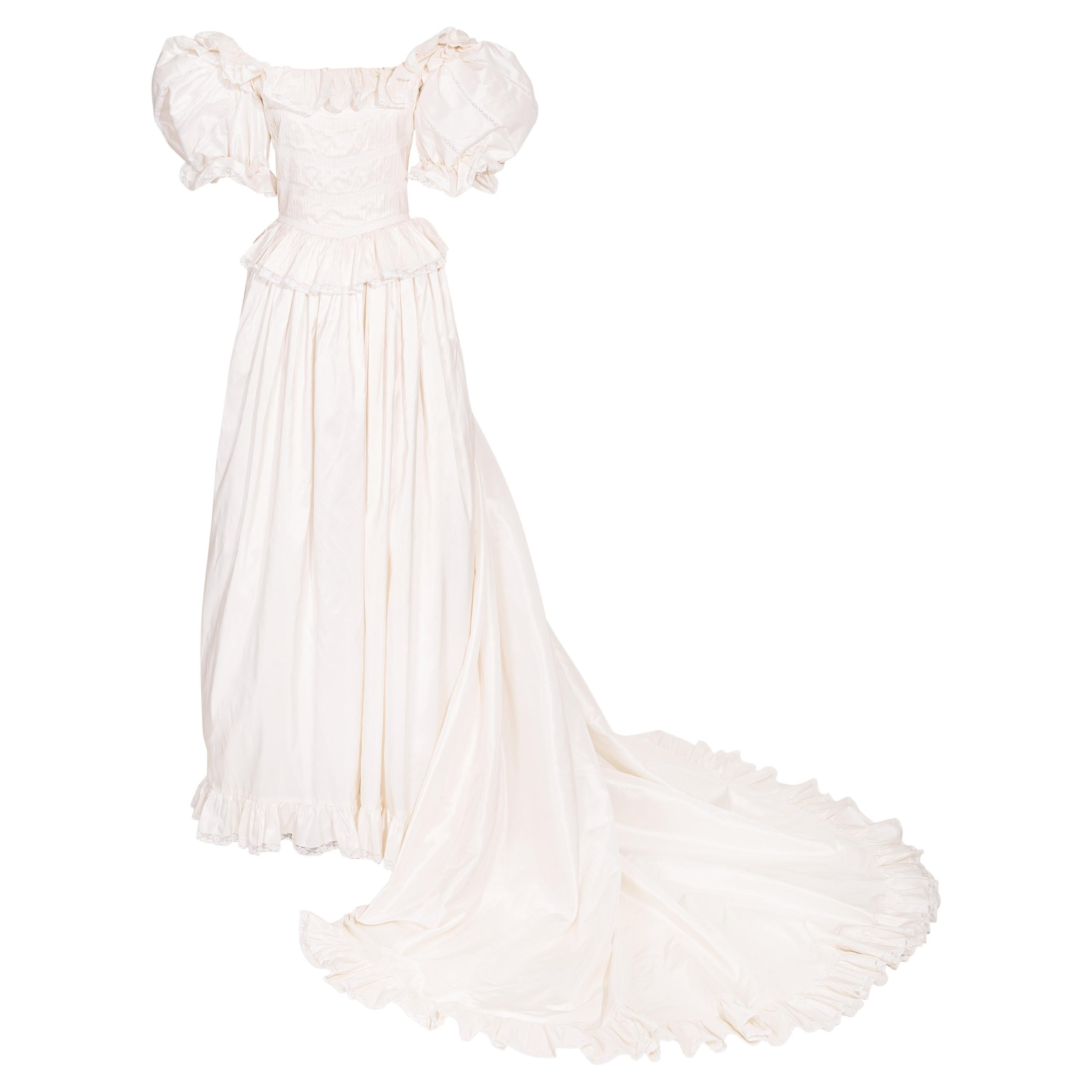 1970's Oscar de la Renta White Off-Shoulder Silk Ruffle Gown with Long Train For Sale
