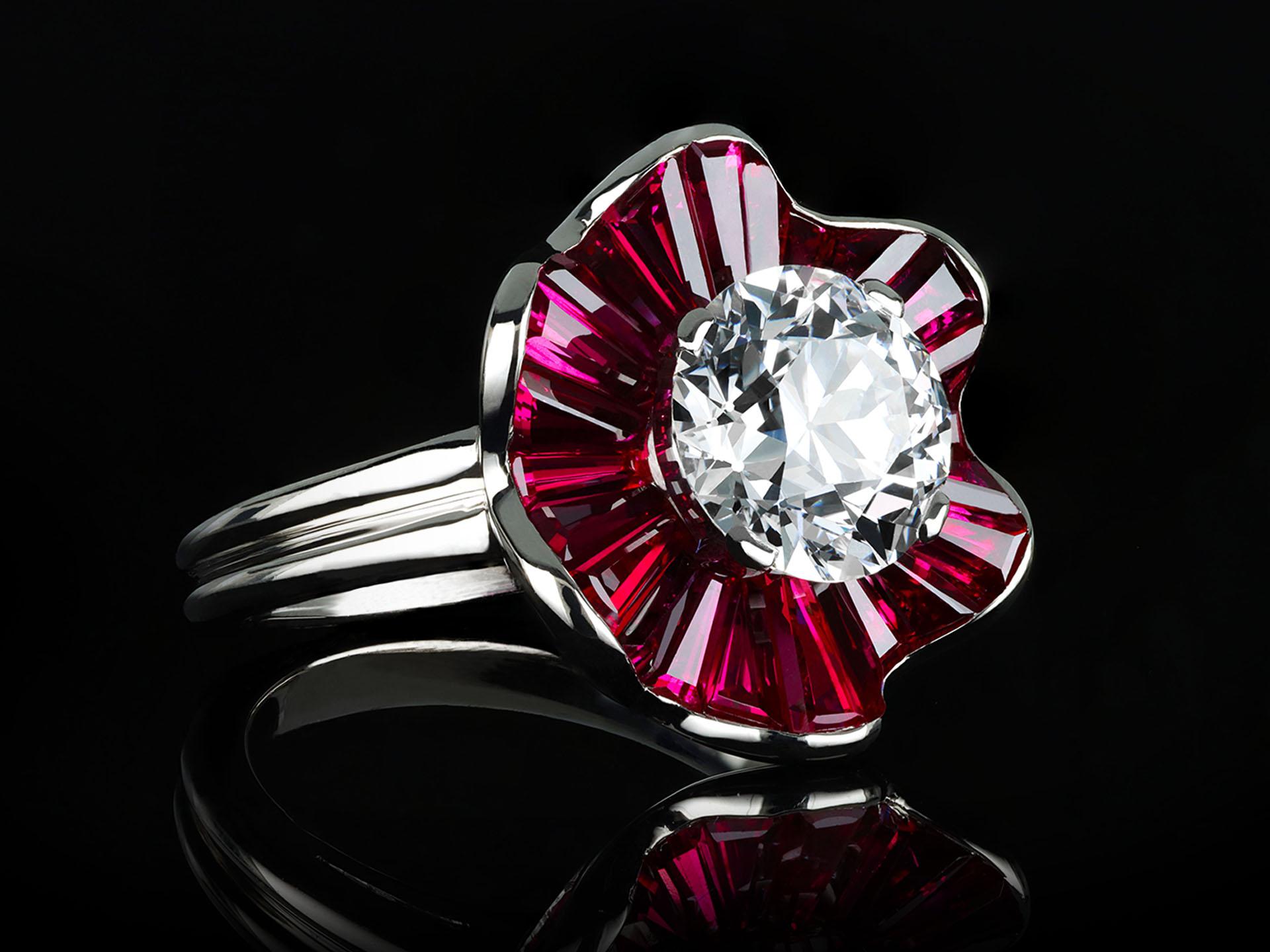 Baguette Cut 1970s Oscar Heyman Brothers Ruby Diamond Platinum Cluster Ring For Sale