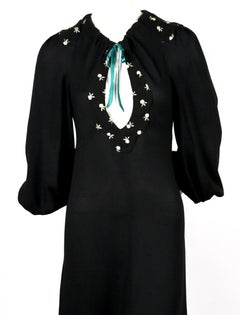 1970's OSSIE CLARK black moss crepe dress with keyhole neck and embroidery