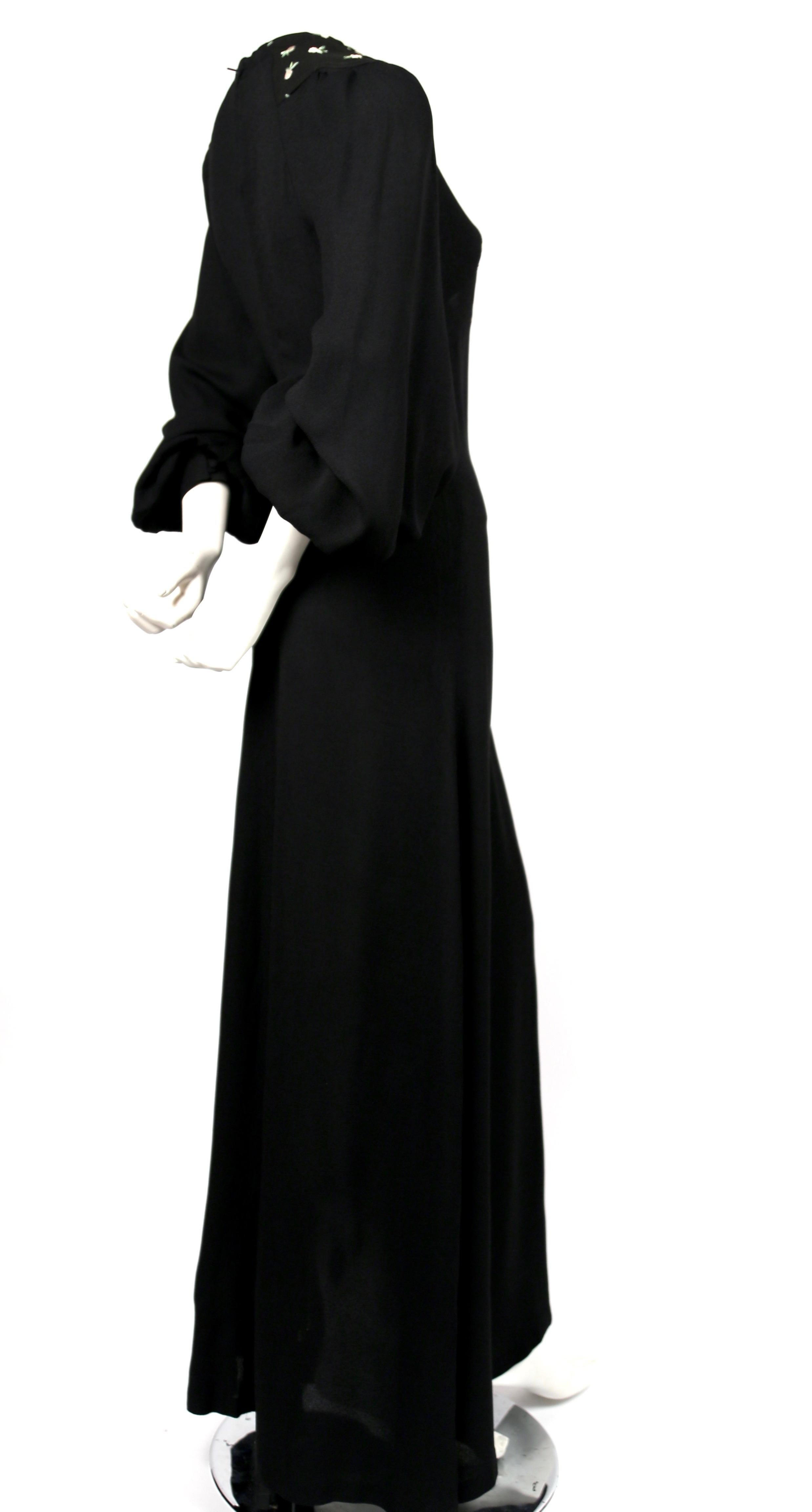 Black 1970's OSSIE CLARK black moss crepe dress with keyhole neck and embroidery