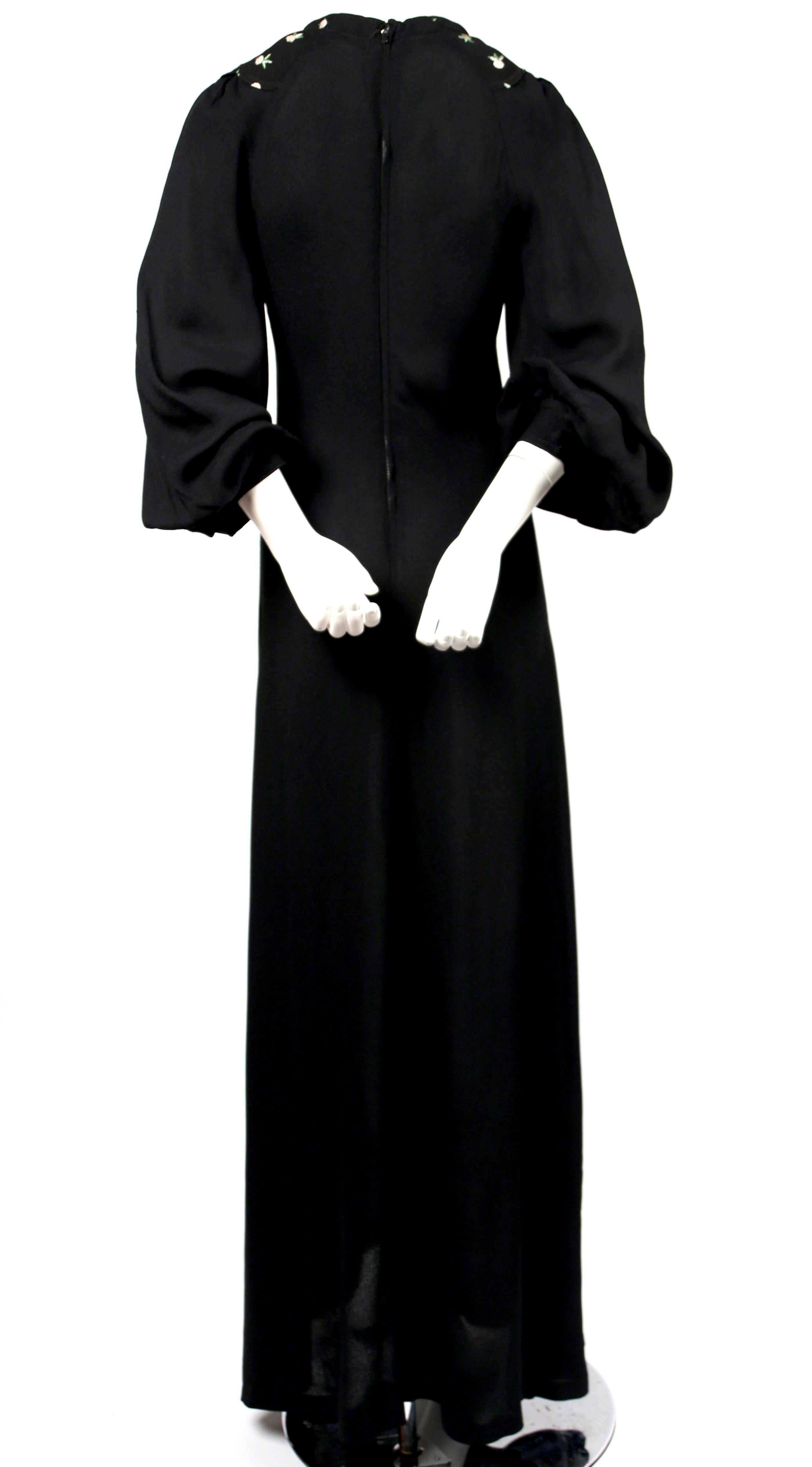 1970's OSSIE CLARK black moss crepe dress with keyhole neck and embroidery 1