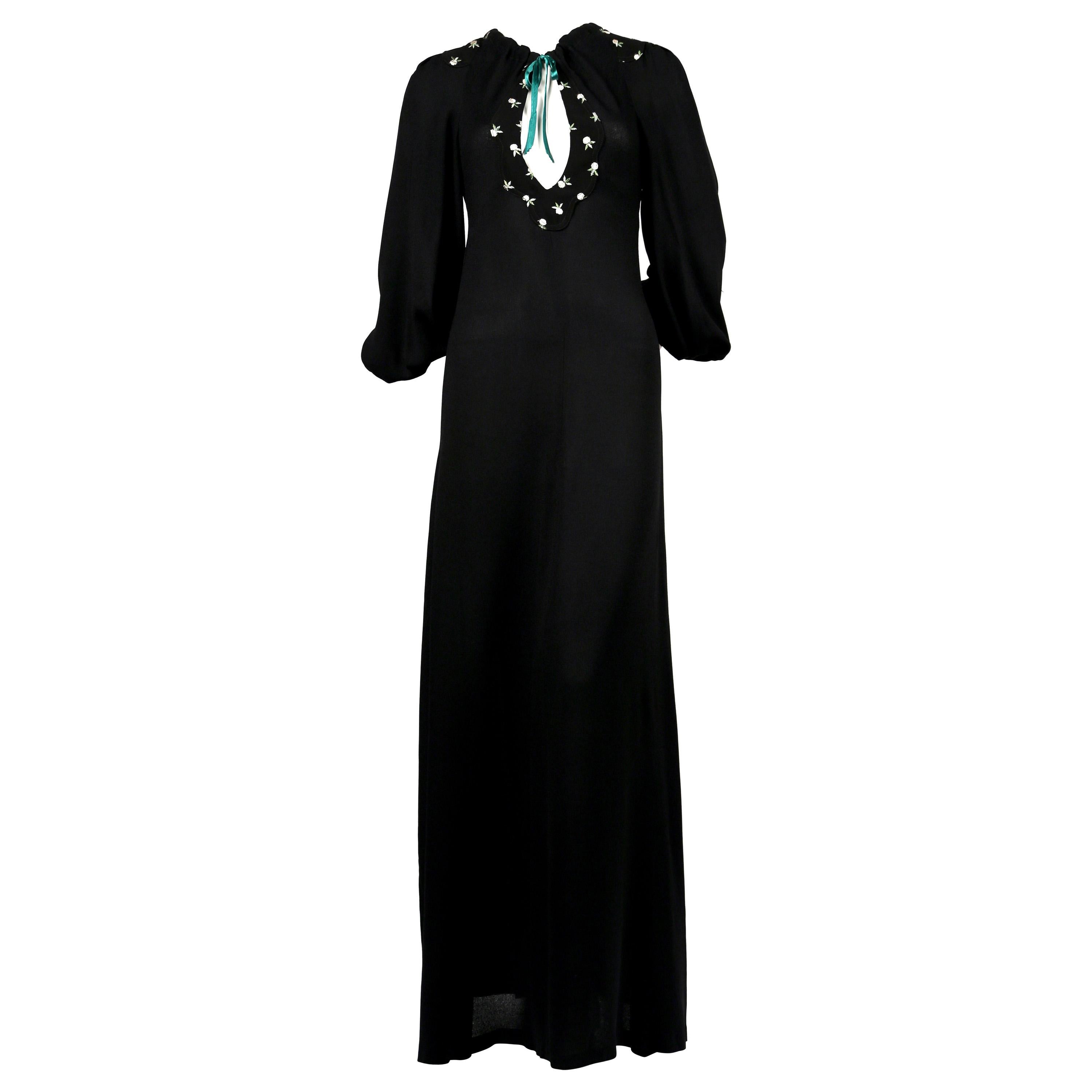 1970's OSSIE CLARK black moss crepe dress with keyhole neck and embroidery