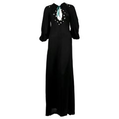 1970's OSSIE CLARK black moss crepe dress with keyhole neck and embroidery