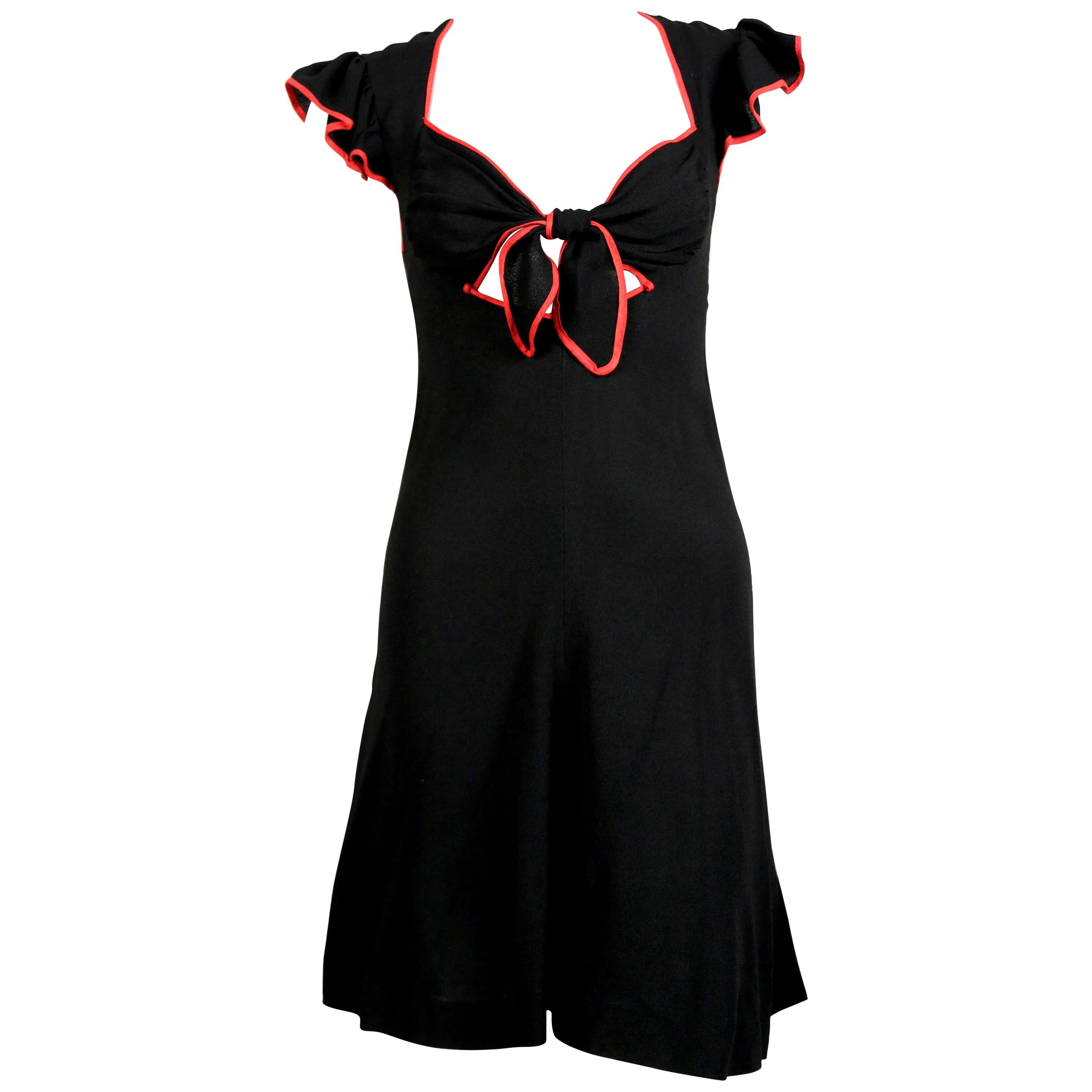 1970's OSSIE CLARK black moss crepe dress with red trim and cut out neckline