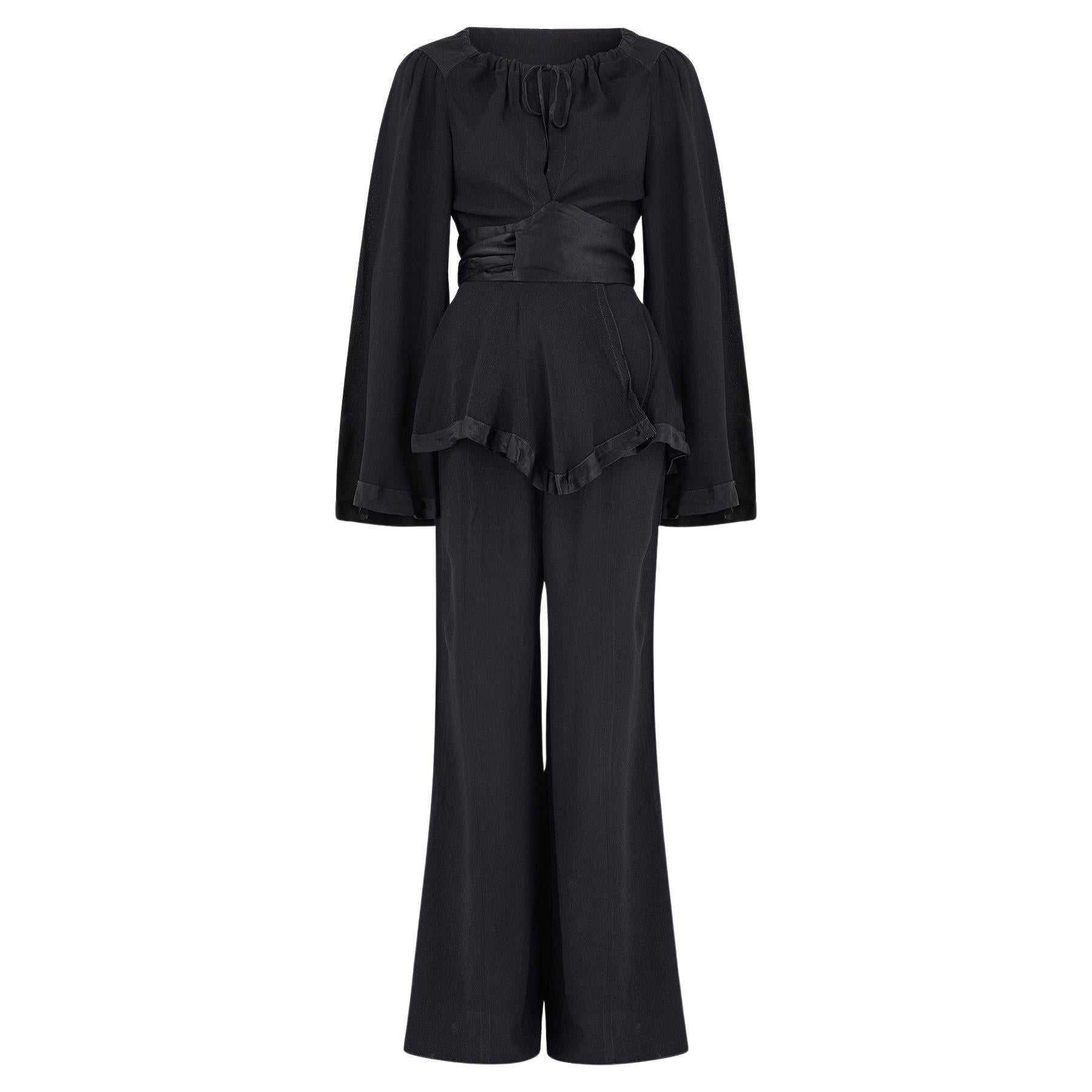 1970s Ossie Clark Black Moss Crepe Trouser Suit For Sale