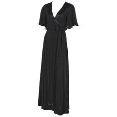 Vintage 1970'S Ossie Clark Black Wrap Maxi Dress w/Satin Trim 