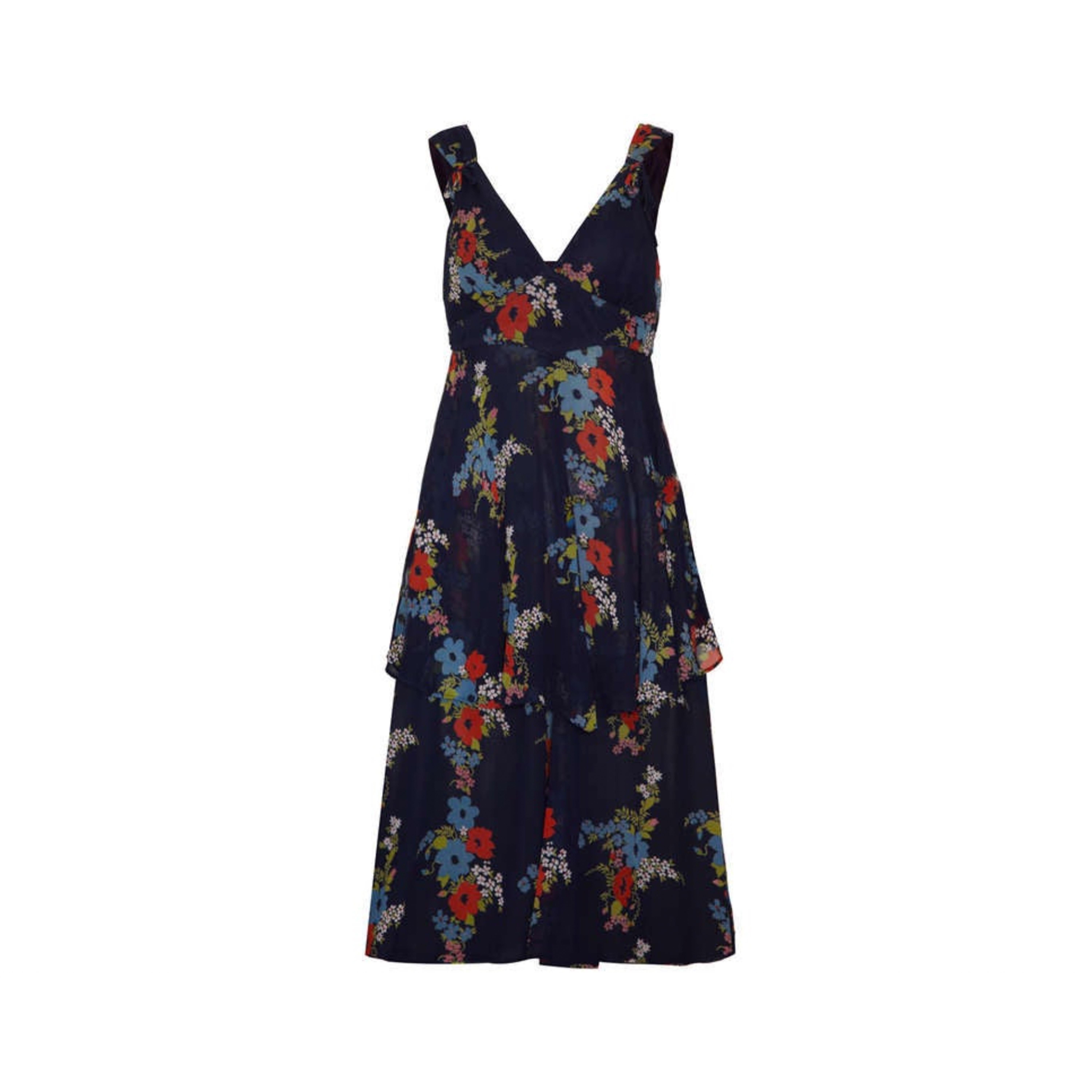 Floaty summer dress from iconic British designer Ossie Clark, for his Radley line. This early to mid 1970’s piece features a pretty floral print in two layers of navy chiffon in a red, sky blue, green & white floral print by his wife and business