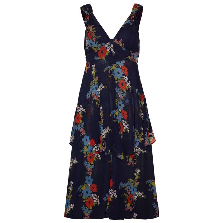 1970’s Ossie Clark Blue Chiffon Floral Dress With Ceila Birtwell Print