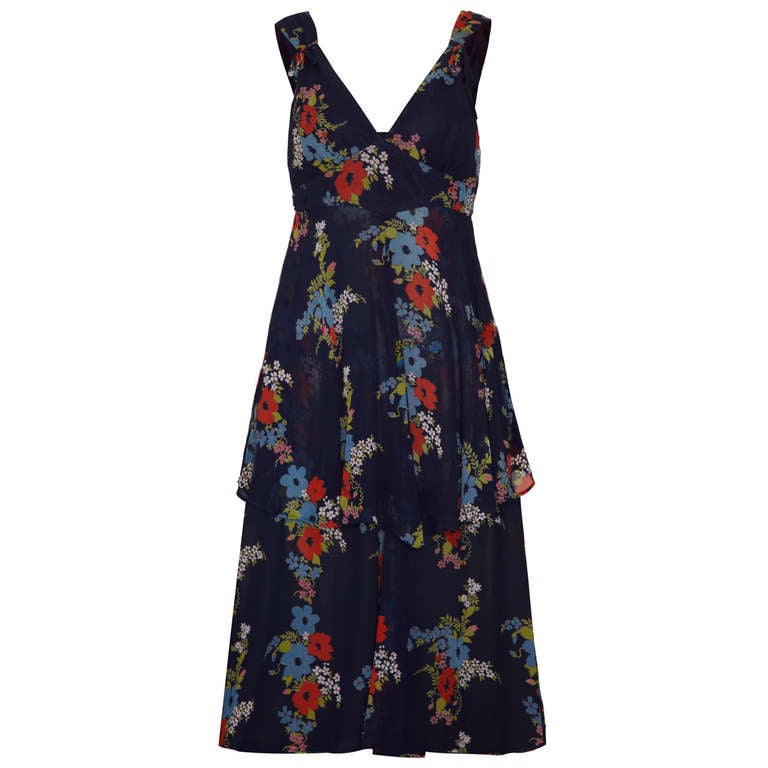 Robe à fleurs en mousseline bleue Ossie Clark des années 1970 avec imprimé Ceila Birtwell en vente