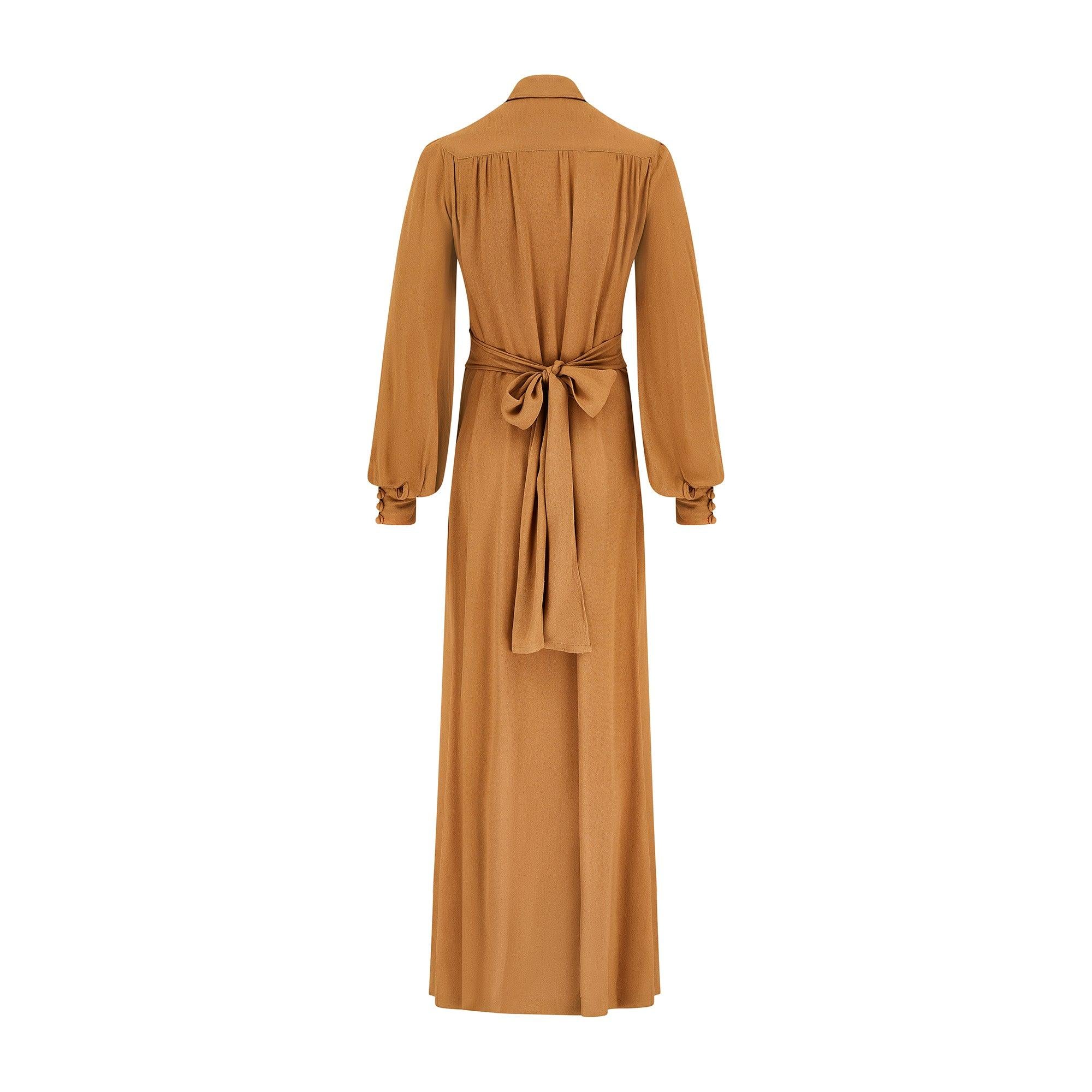 Maxivestido de crepé caramelo Ossie Clark, años 70 Marrón