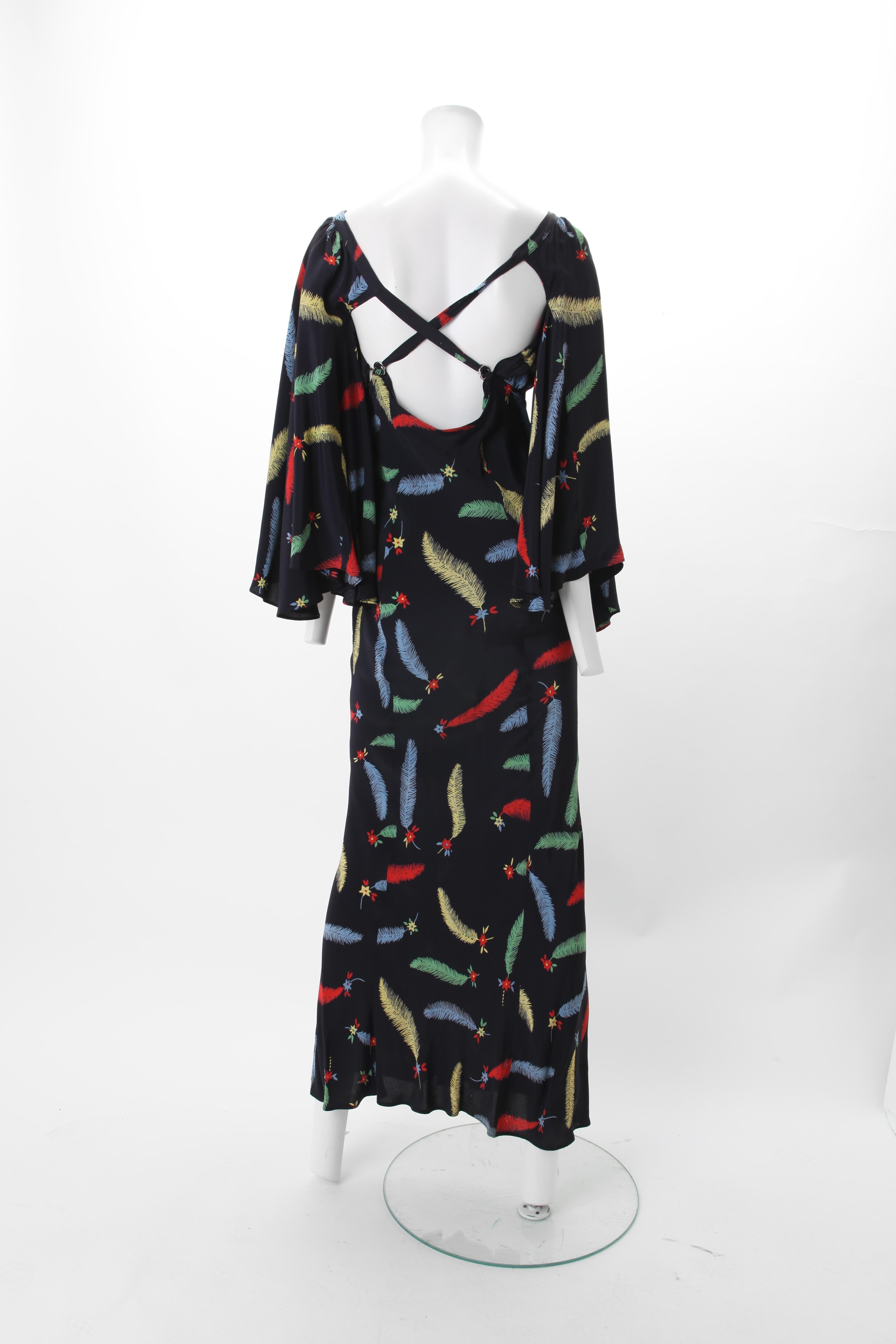 Black 1970s Ossie Clark Celia Birtwell Printed Crepe Maxi Gown 