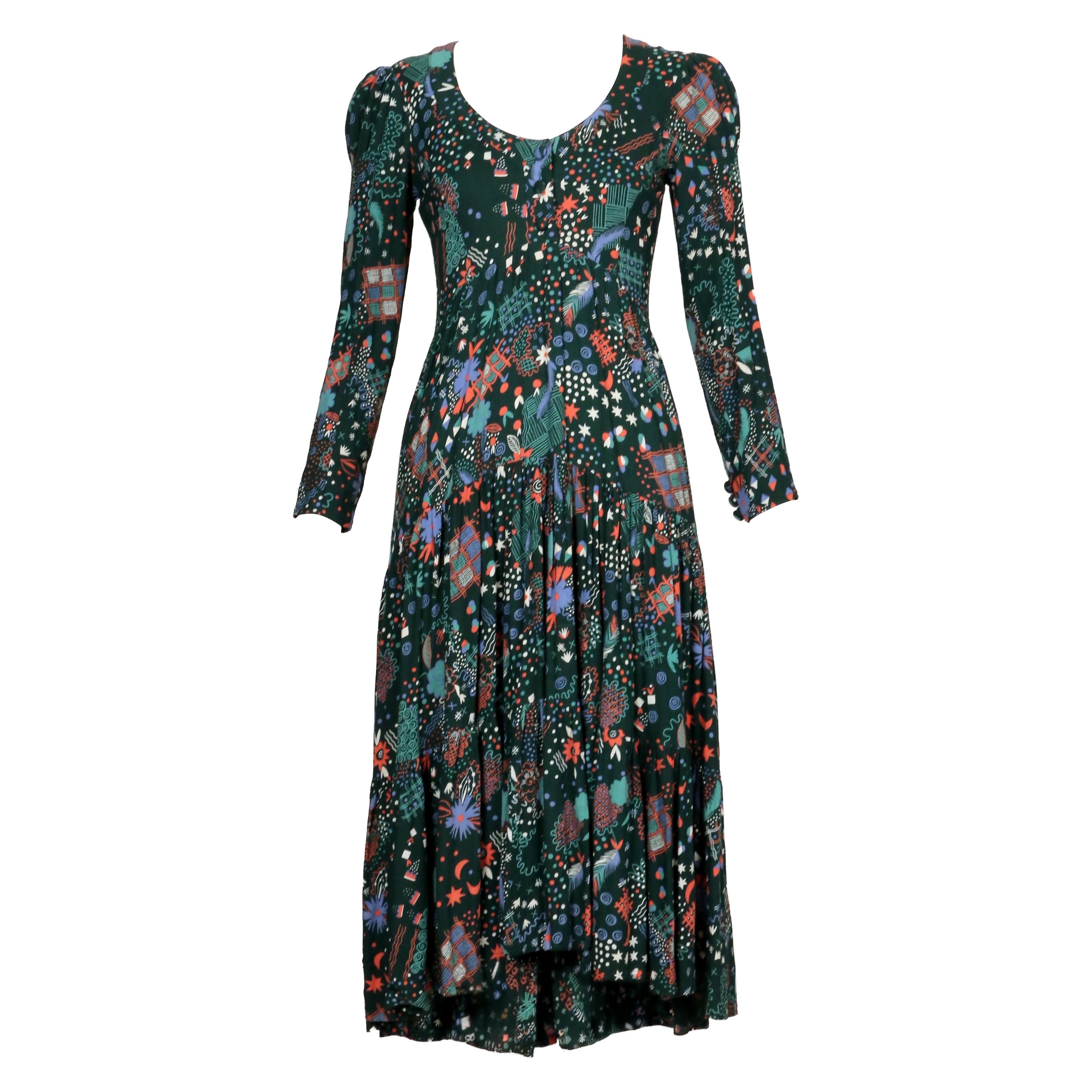 Robe vert foncé OSSIE CLARK des années 1970, avec un imprimé CELIA BIRTWELL