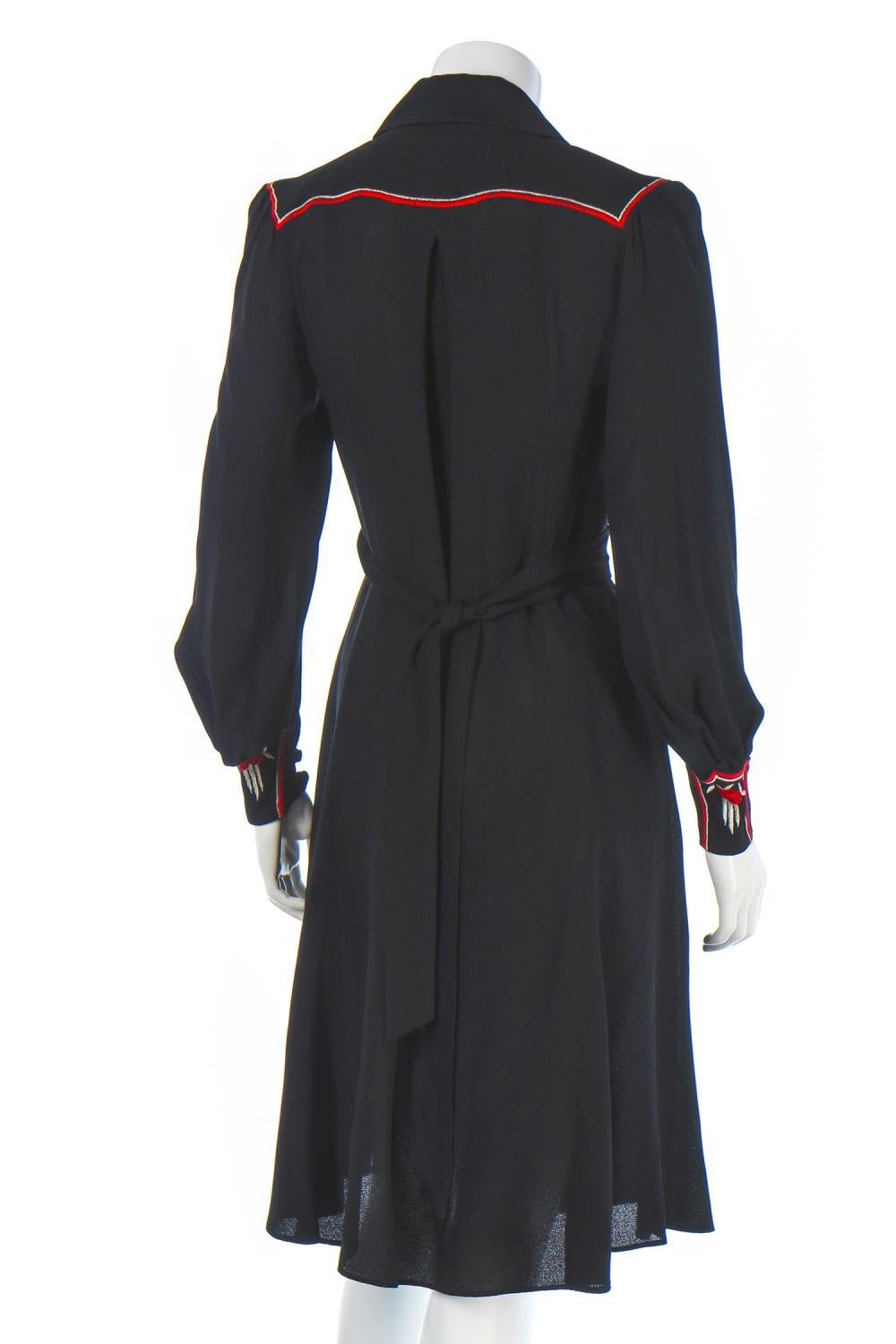 Black 1970'S Ossie Clark Dress w/Embroidered Floral Motif