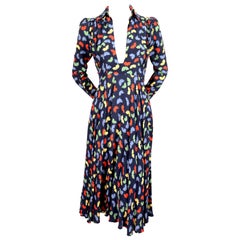 1970's OSSIE CLARK for QUORUM Celia Birtwell fan print plunging neckline dress