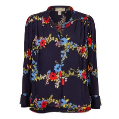 1970s Ossie Clark Navy Floral Print Blouse with Celia Birtwell Print