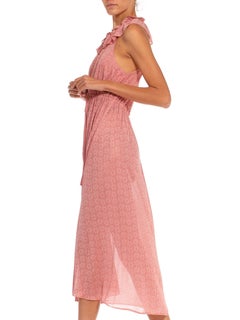 1970S OSSIE CLARK RADLEY Pink Nylon Blend Floral Knit Low Cut Dress